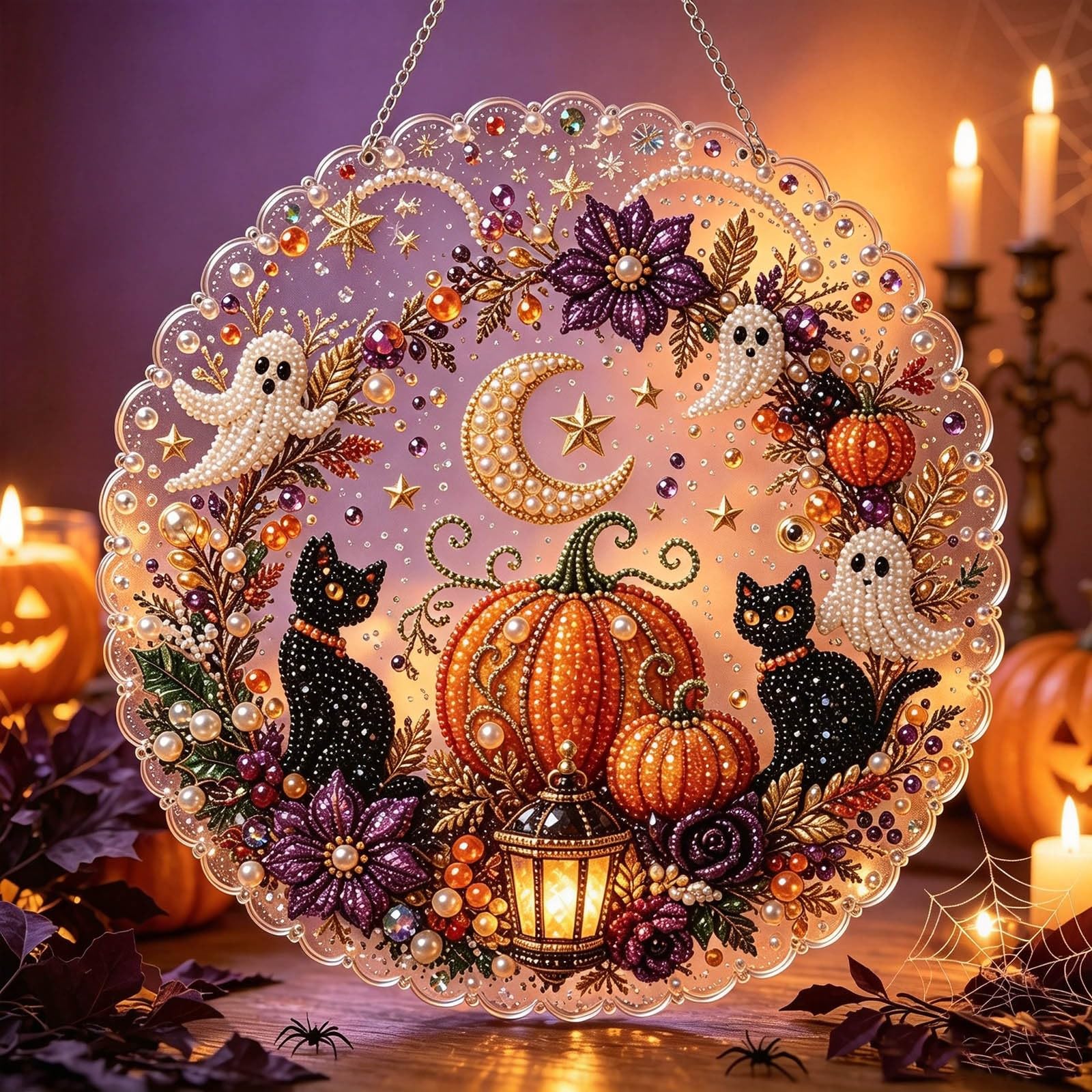 Pearl Art Kits for Adults, Halloween Decoration Diamond Art, DIY Craft Painting Hanging Ornament Crystal Rhinestone for Home Wall Window Craft