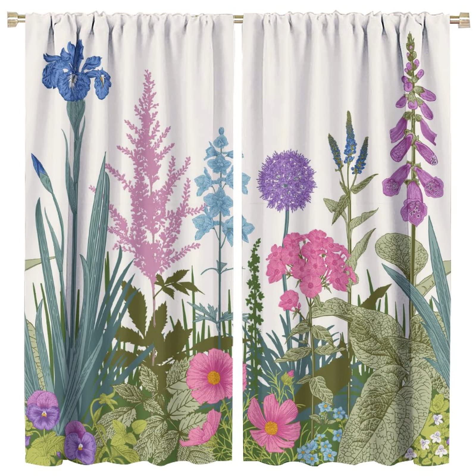 Rustic Flower Blackout Windows Curtains, Curtains Green Leaf Rod Pocket Vintage Floral Colorful Plant Herbs Wildflower Blossom Botanical Nature