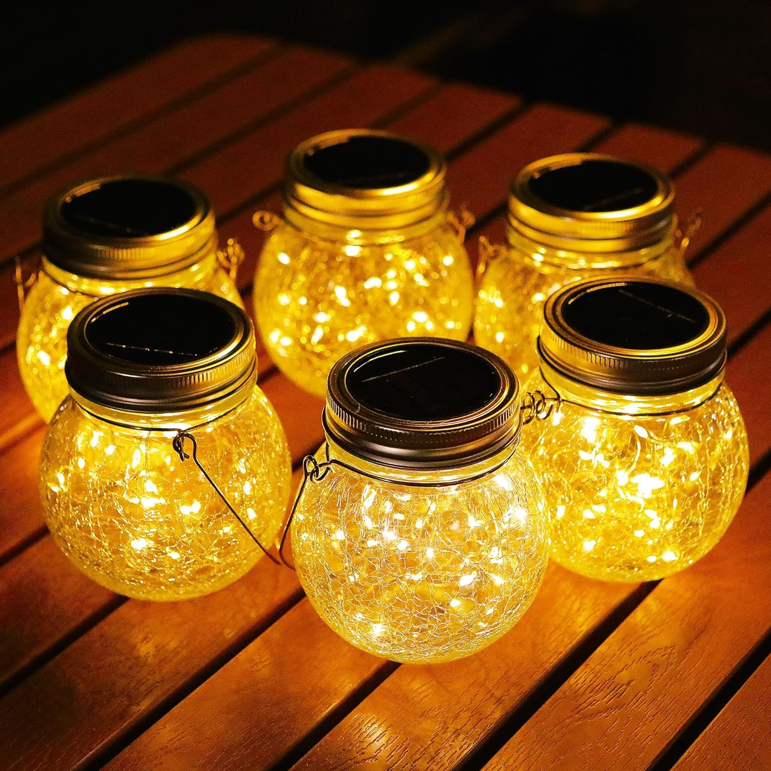 Cooo 6 Pack Solar Lanterns Outdoor Waterproof Hanging Crack Glass Lanterns 30 LED Fairy Lights Garden Patio Porch Yard Backyard Balcony Lawn Tree Deck Table Decor Mason Aluminum lid - Medium Lantern