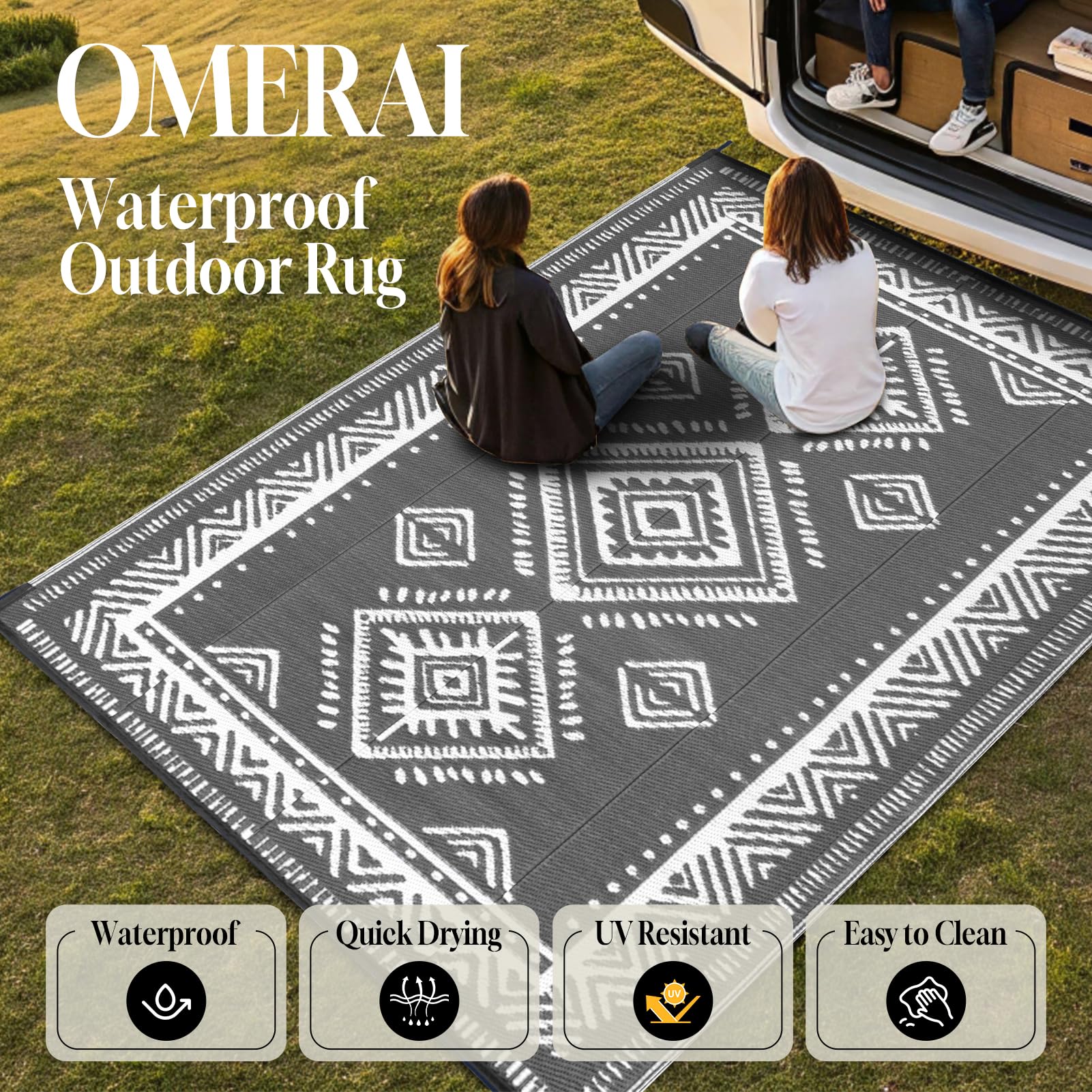 OMERAI Tapis d'Extérieur pour Terrasse Tapis de Camping en Plastique Recyclé Léger et Réversible à l'Extérieur Tapis de Jardin Facile à Nettoyer et Imperméable aux UV Gris 180X270CM
