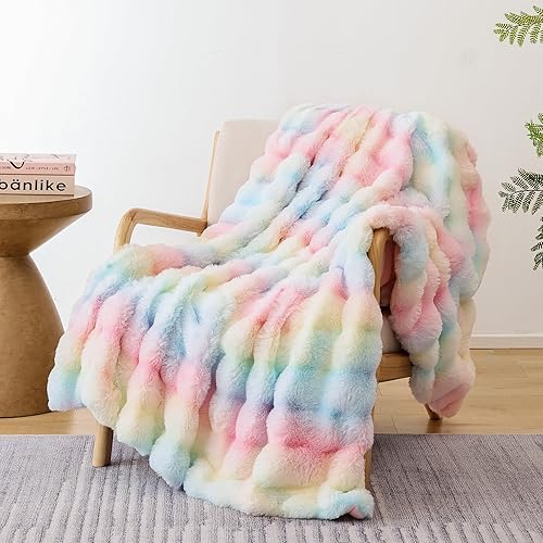 Smoofy Faux Fur Throw Blanket for Couch Rabbit Fleece - Rainbow Fluffy Blanket for Sofa Bedroom Living Room, Cozy Soft Plush Luxury Thick Winter Fuzzy Comfy Bubble Blanket - 50" x 60" - Rainbow - Throw(50" x 60")