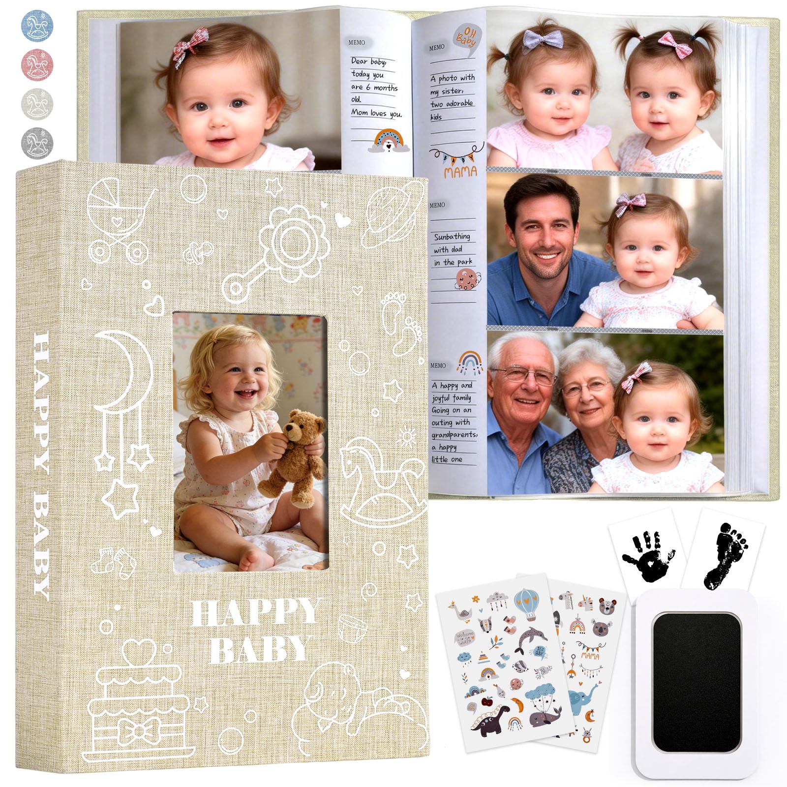Baby Photo Album 4x6 300 Pockets with Memo Area, Photo Stickers & Hand and Footprint Kit, Linen Cover Baby Memory Book with Front Window, First Year Keepsake for Newborn Boy Girl