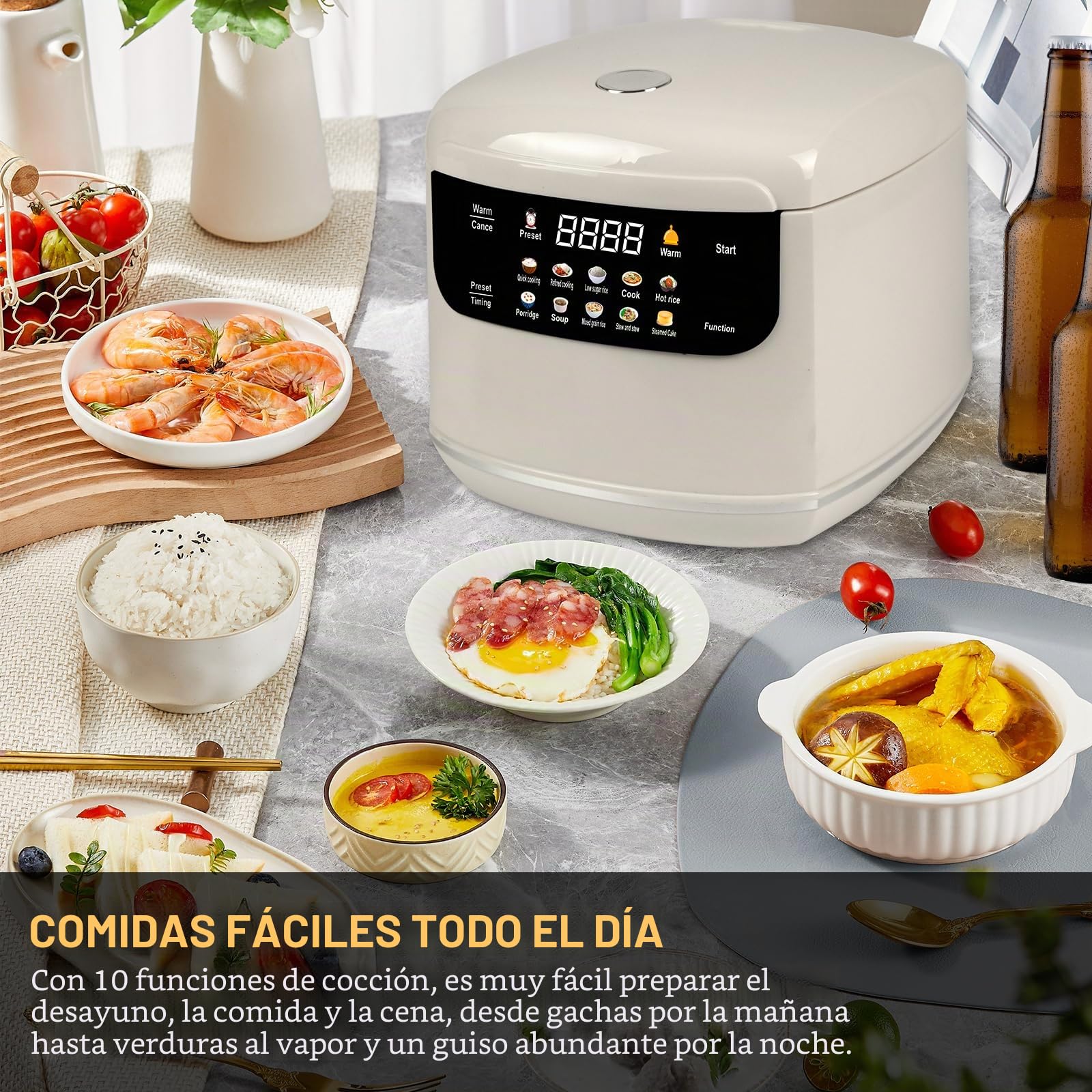 Arrocera Low Sugar 2L, arrocera 10 en 1 con vaporera y temporizador | Con función baja en carbohidratos, mantener caliente 8 h y temporizador 24 h, fácil de limpiar para uso diario