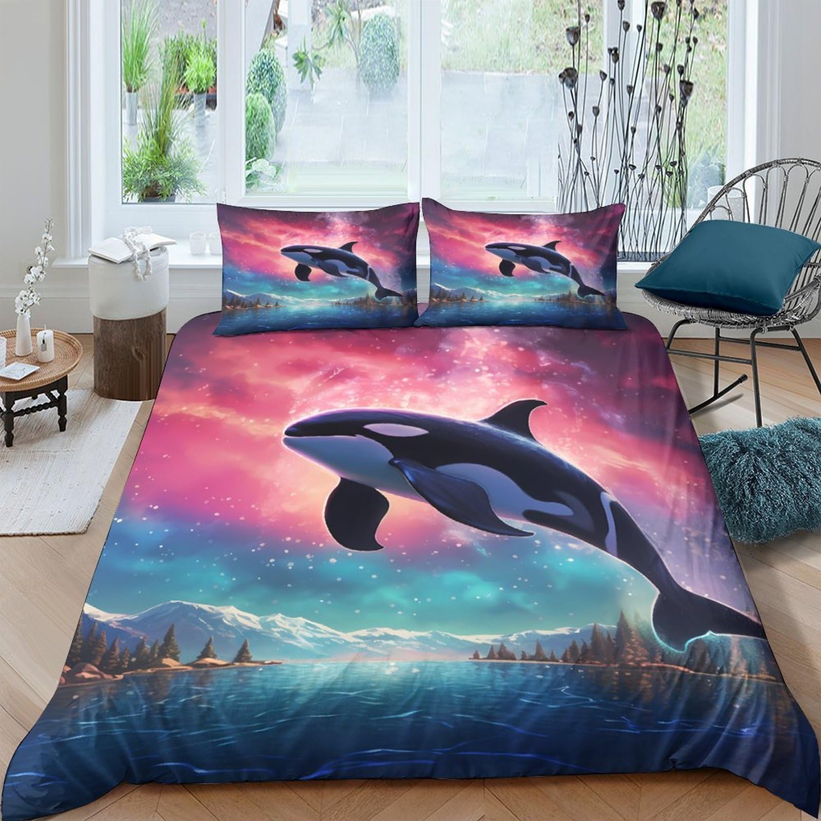 Ctjqhvkz Style-6 3D Printed Ocean Sunset Fitted Sheet Microfiber Soft Breathable Orca Whale Mattress Cover Bedroom Decor Single（135X200cm）