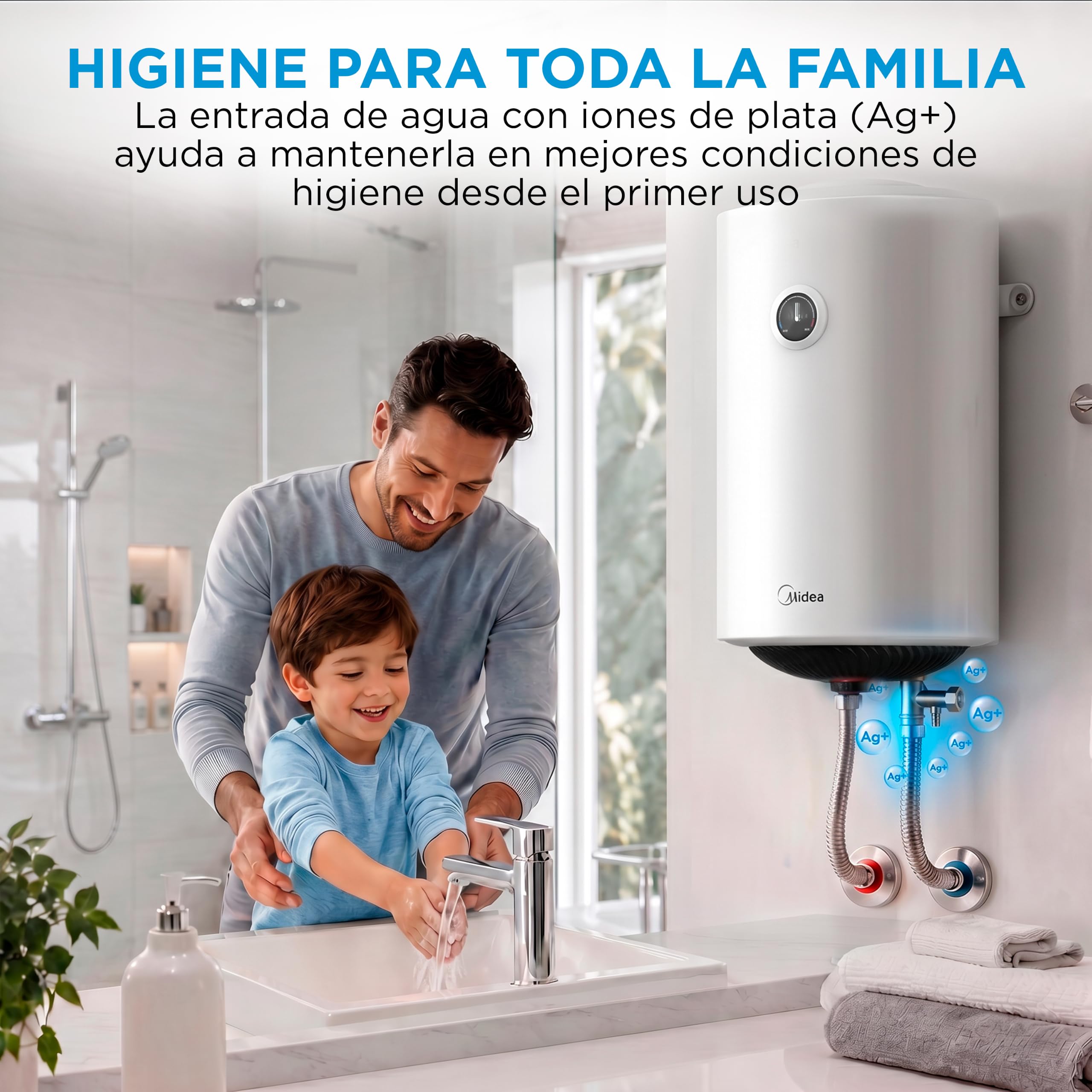 MIDEA Termo Eléctrico 80 litros, 1500 W, 80,5 x 45 cm, Depósito de Titanio | Termostato Ajustable, Kit Instalación, Anticorrosión, Calentador de Agua Eléctrico Vertical con Protección Sobrecalentamiento