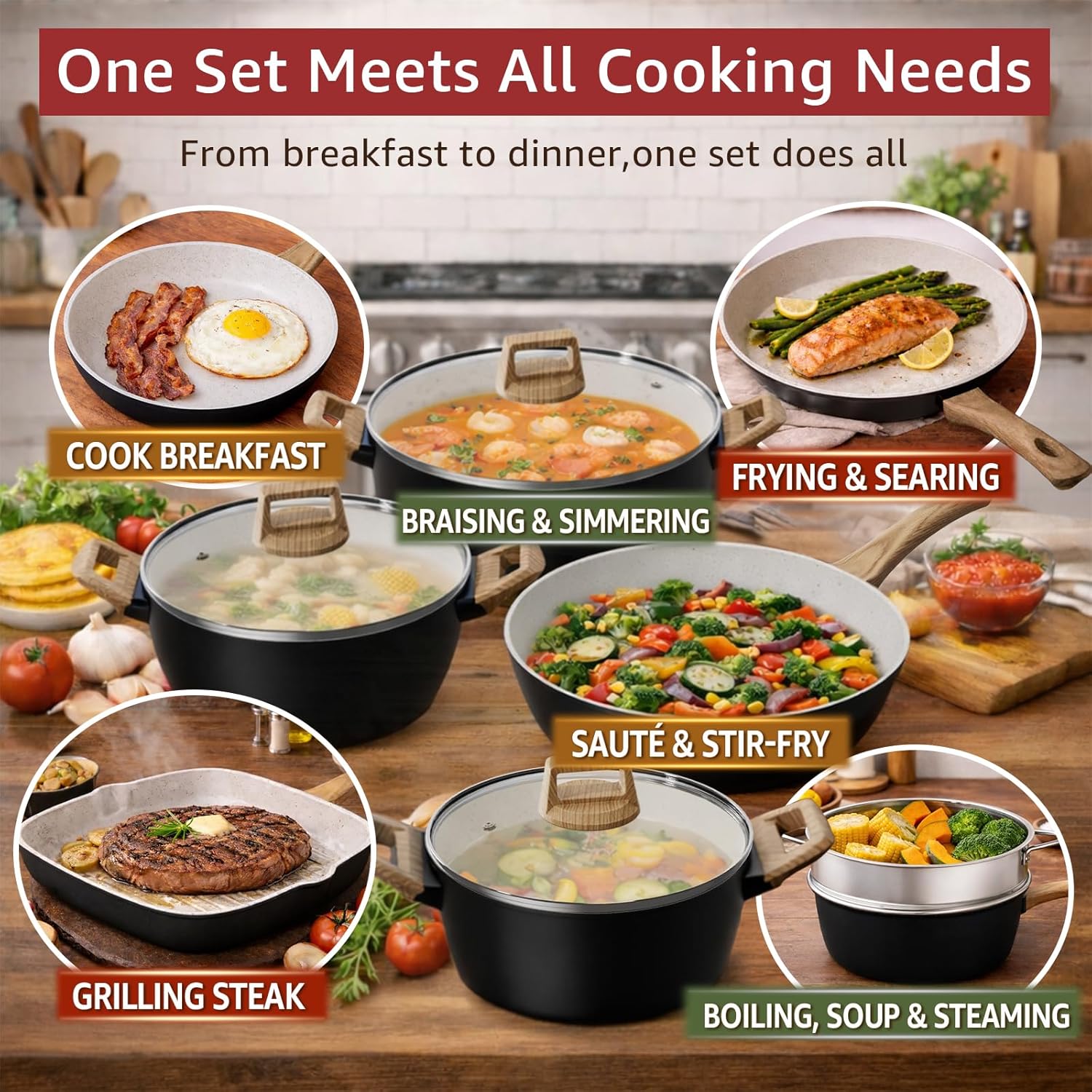 24Pcs Pots and Pans Set Non Stick,Ceramic Cookware Set with Titanium-Reinforced Nonstick Coating,Long-Lasting,PFAS-Free,Induction Compatible,Full Kitchen Set with 3 Stock Pots for Family Cooking,Black - Image 5