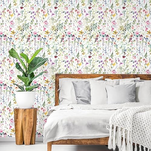 Miniatura 5 de VEELIKE Papel tapiz de flores silvestres de acuarela para despegar y pegar, papel tapiz floral extraíble para dormitorio, baño, guardería, 17.7 x