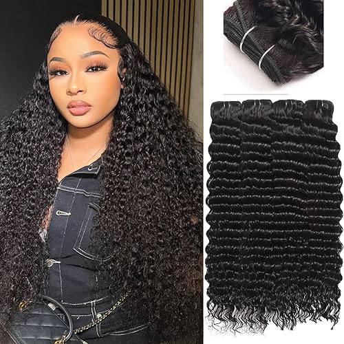 Miniatura 9 de Paquetes de cabello humano ondulado profundo con frontal, encaje frontal HD de 13 x 4 con 3 paquetes, 100% cabello humano brasileño sin procesar,