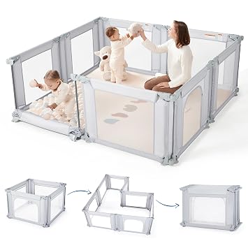 Sweeby Baby Playpen, Foldable Playpens for Babies and Toddlers with Gate, Large Playpen with Door Play Yard for Baby Fence Indoor and Outdoor Portable Play Pen,59"x59", Grey
