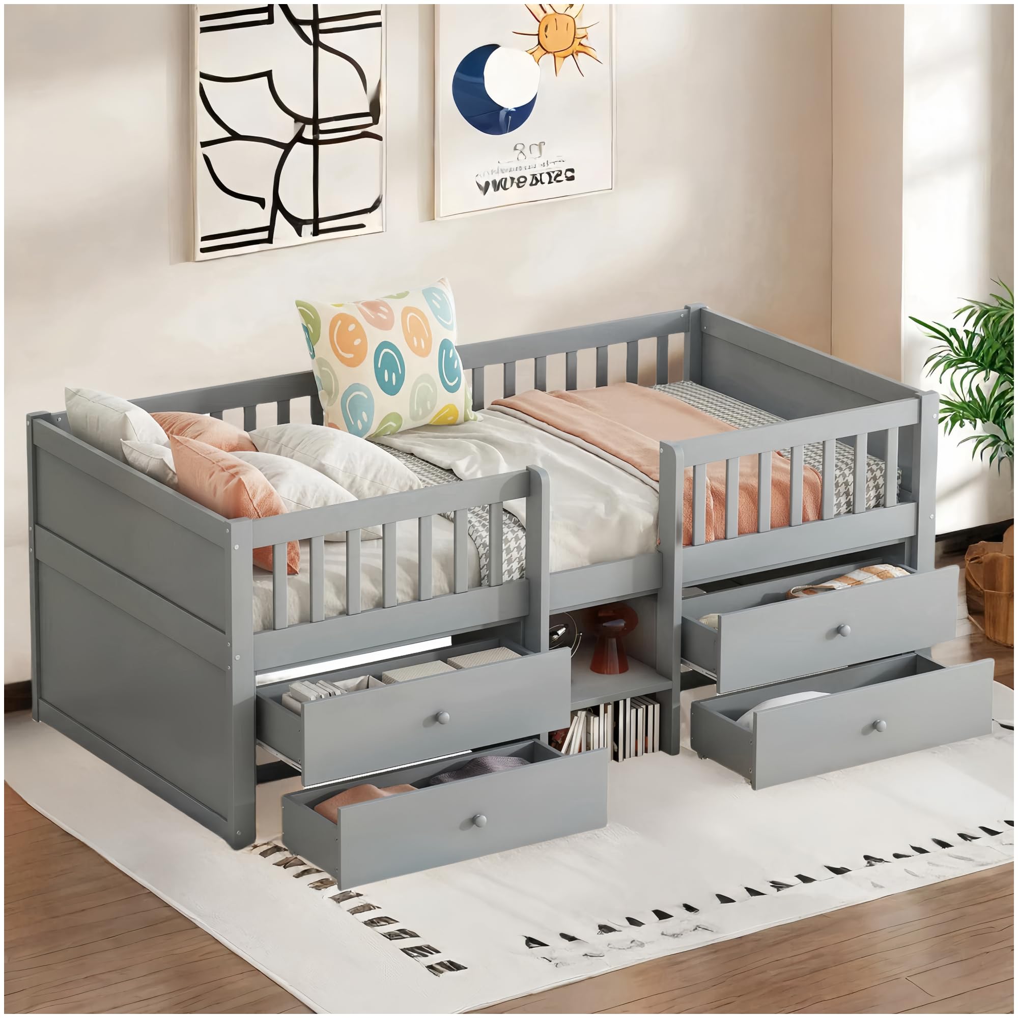 Lubvtti Cama para niños con 4 cajones, Cama Montessori 90 x 200 cm,Cama Infantil con barandilla y Base de láminas, sin colchón, Estilo Minimalista, Gris