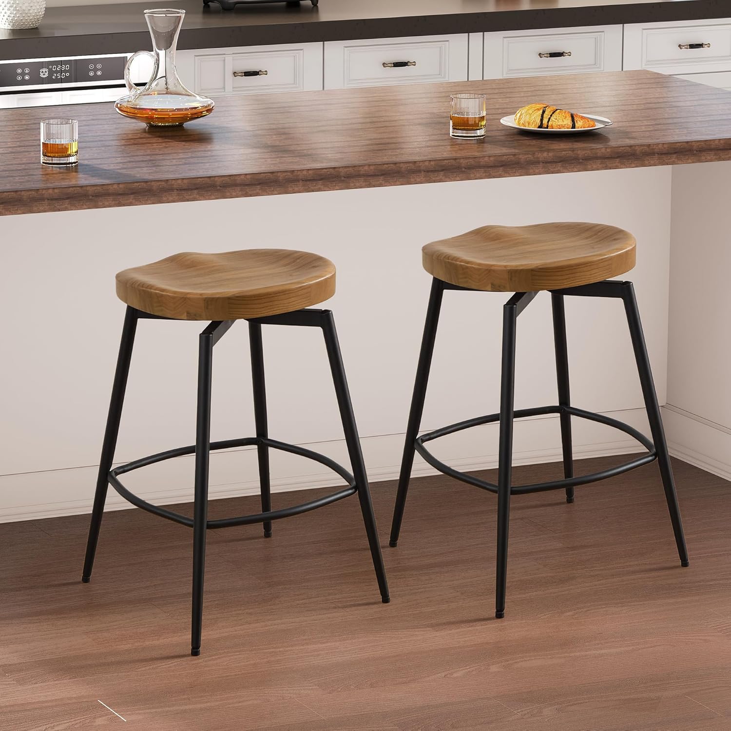 Backless Saddle Counter Height Stools, Swivel Farmhouse Bar Stools with Wooden Seat, Round Counter Stools with Metal Legs for Kitchen Island, Home Pub (Walnut, Set of 2)