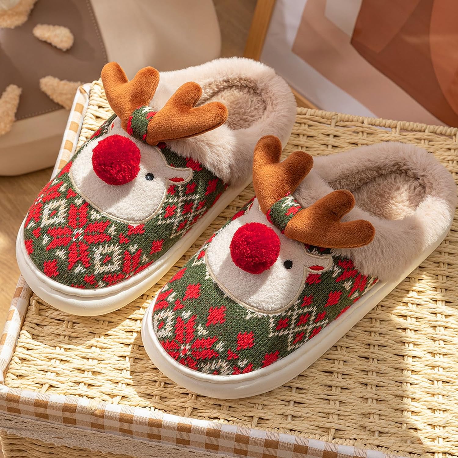 Christmas Slippers for Womens Mens, Christmas Womens House Slippers with Cute Christmas Tree Santa, Fuzzy Lightweight Slippers for Indoor Outdoor - Image 3