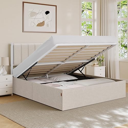 Miniatura 28 de VASAGLE Base de cama de almacenamiento elevable, tamaño individual, cama de plataforma hidráulica, con cabecera tapizada, capacidad de peso de 550