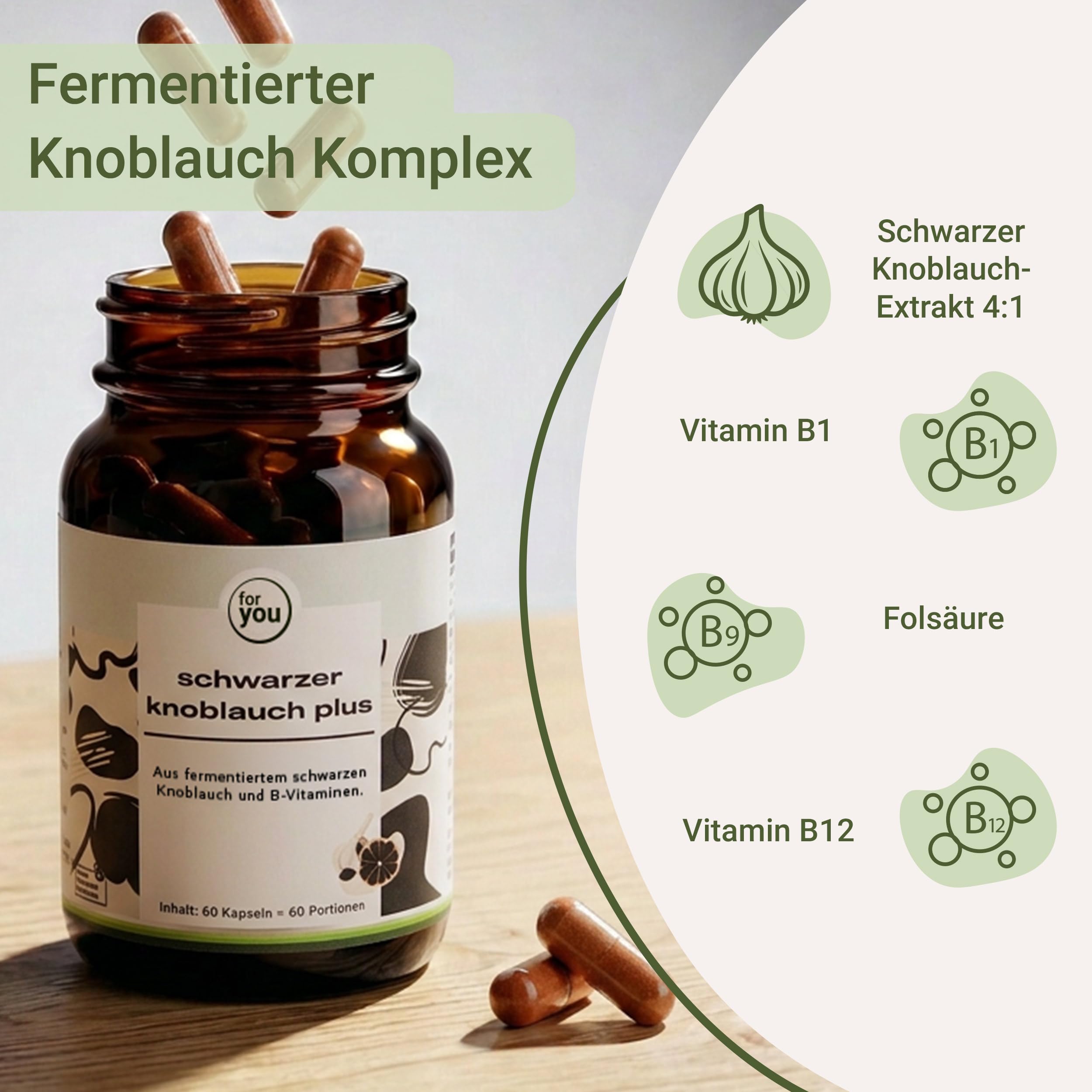 for you Schwarzer Knoblauch Kapseln – fermentierter 4:1 schwarzer Knoblauch-Extrakt mit 1 mg S-Allylcystein pro Kapsel, Vitamin B1, B12 & Folsäure – geruchsneutral, vegan – 120 Kapseln