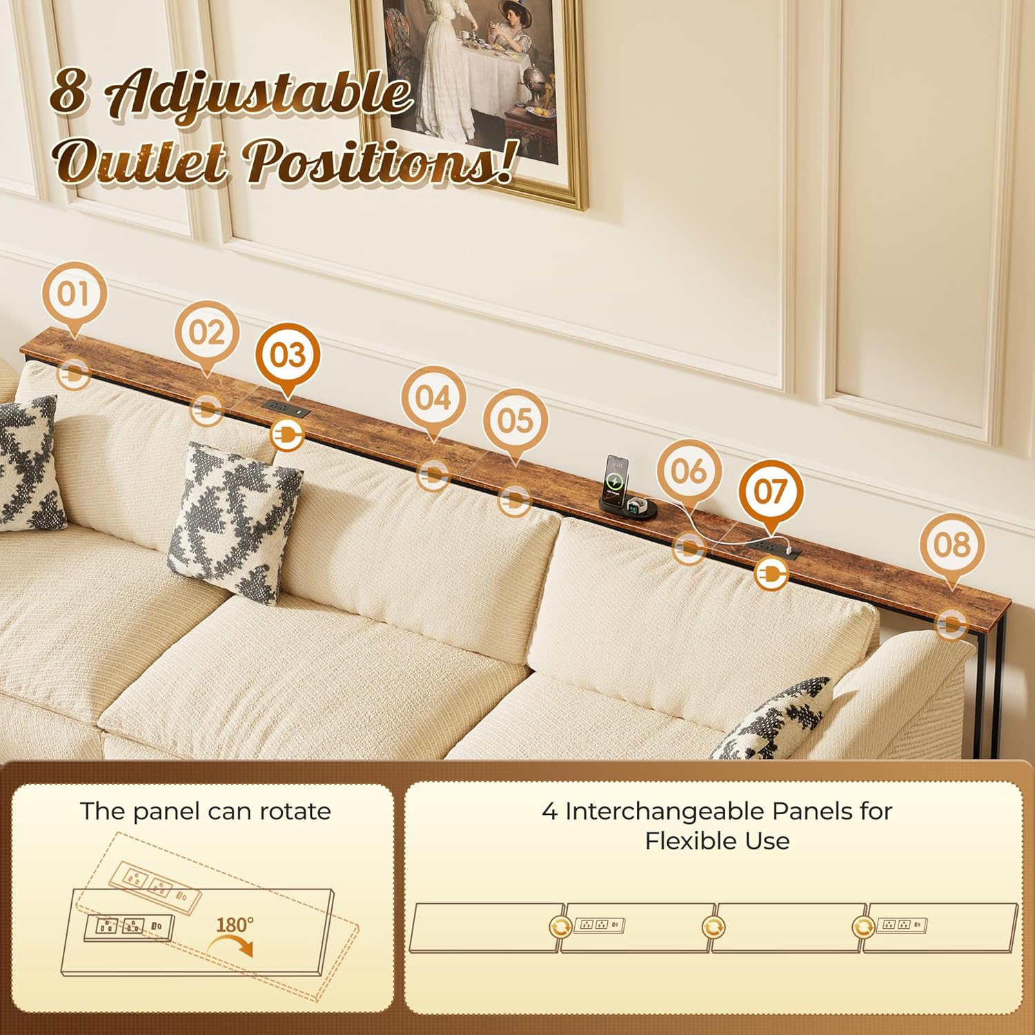 Huuger 118 Inch Sofa Table with Power Outlets and USB-C Ports, 5.9 Inch Narrow Entryway Table, Behind Couch Table with Storage, Extra-Long Console Table, Living Room, Rusitc Brown - Image 6