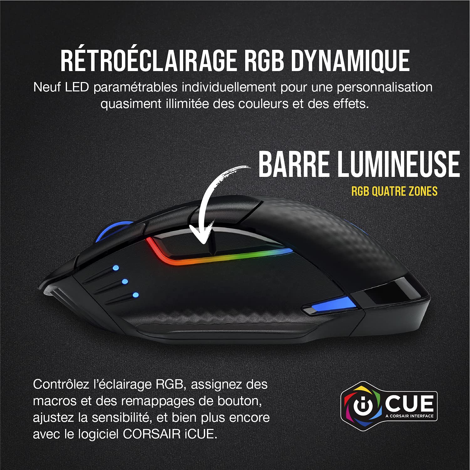Corsair DARK CORE RGB PRO SE Souris gaming sans fil FPS/MOBA (Technologie SLIPSTREAM WIRELESS, Rétroéclairée RGB LED, 18 000 DPI Certifiée Charge sans fil Qi) Noir