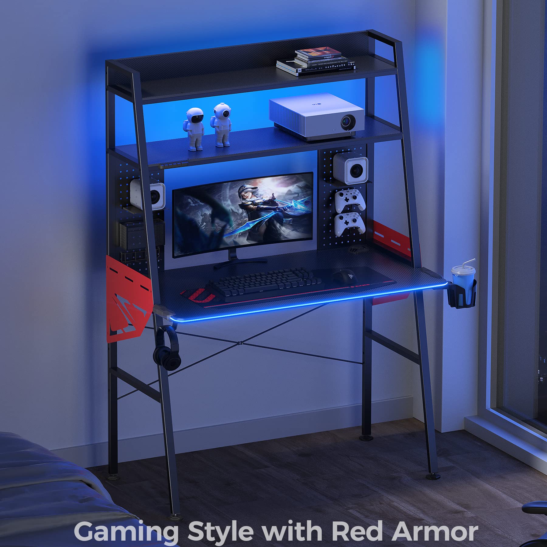 EUREKA ERGONOMIC Gaming Desk with Storage & LED Lights, 2Tier Shelves