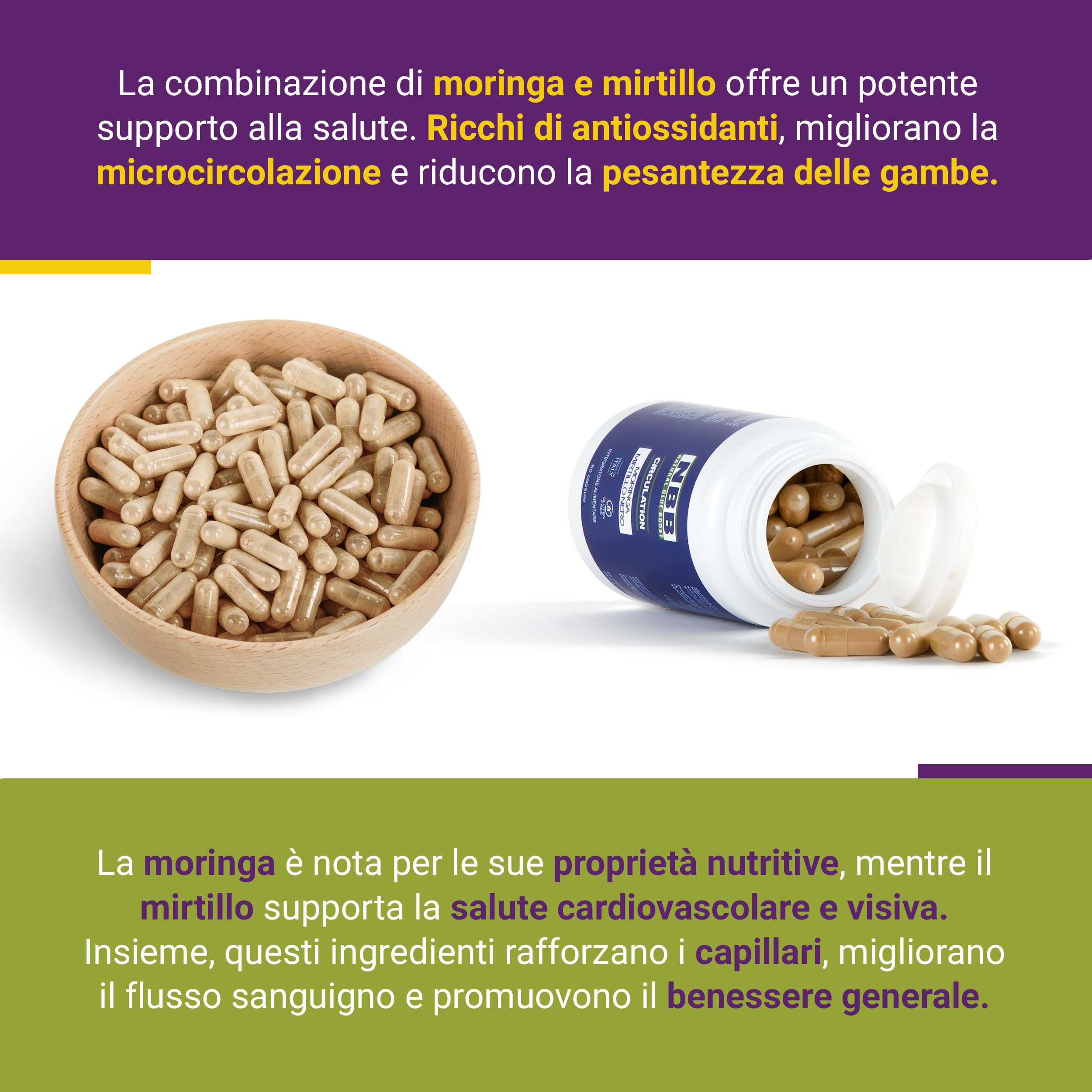 NBB Moringa & Mirtillo - 60 Capsule - Potente Antiossidante Antinfiammatorio, Supporto Cardiovascolare Naturale - Integratore per Gambe Leggere Microcircolazione, Salute Visiva - 1 Mese di Trattamento
