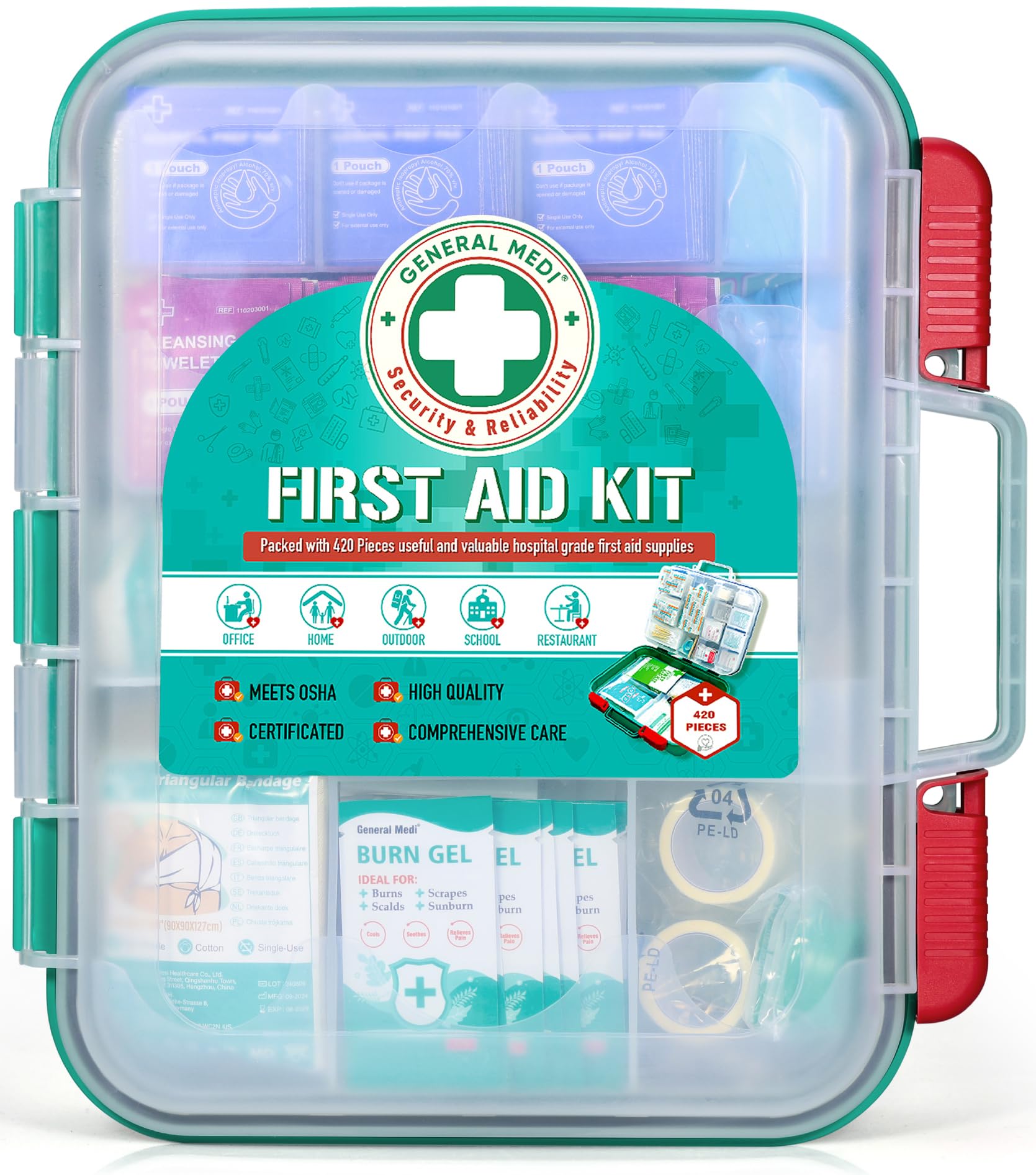 General Medi 420 Pieces Professional First Aid Kit - HardCase First Aid Box - Contains Premium Medical Supplies for Travel, Home, Office, Vehicle, Camping, Workplace & Outdoor