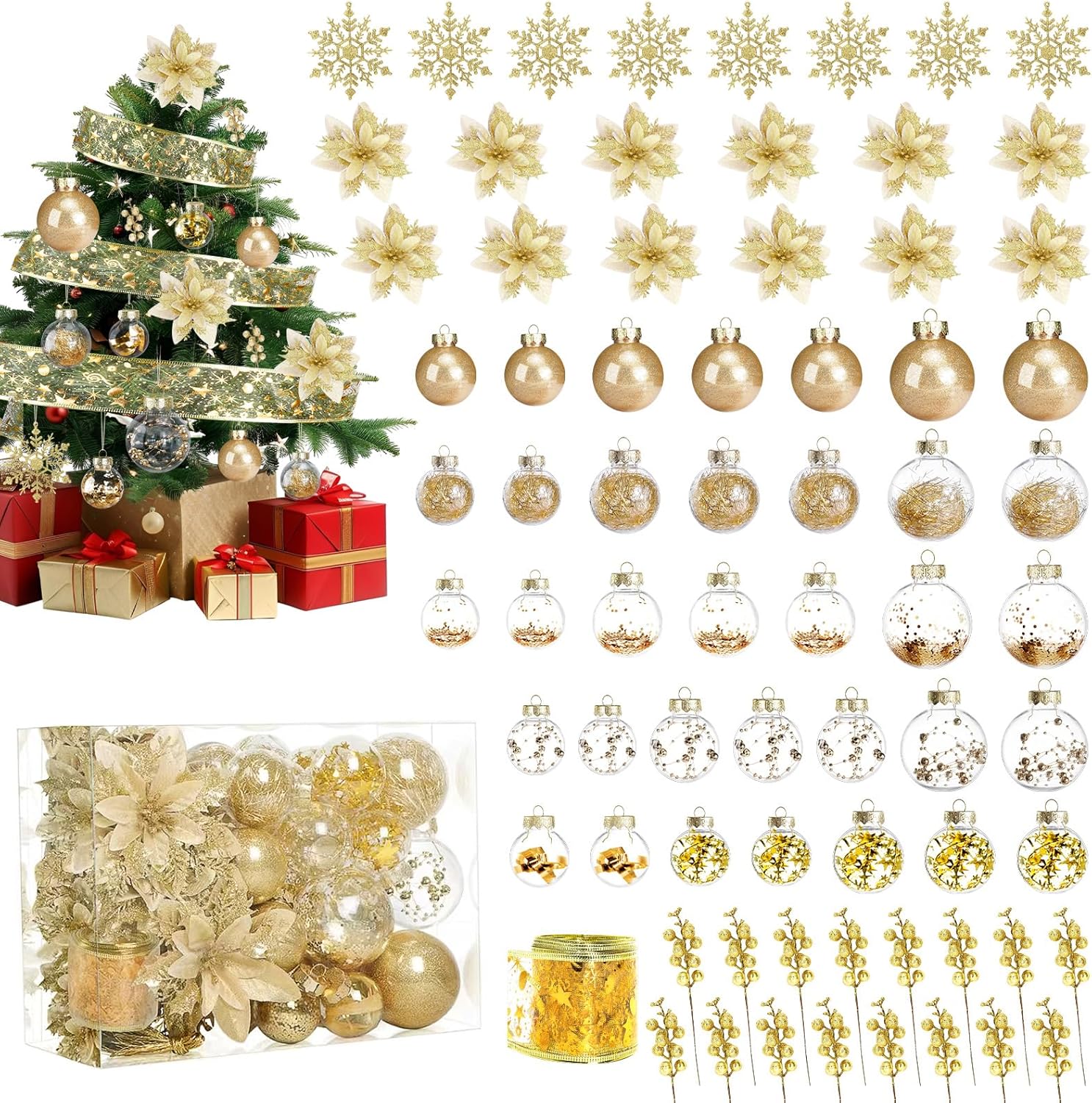 72pcs Christmas Tree Decorations Set Christmas Ornaments Shatterproof Plastic Balls,Hanging Glitter Snowflakes,Ribbon,Poinsettia Flower Artificial for Xmas Holiday Wedding Party Floral Decoration 72pcs Christmas Tree Decorations Set Christmas Ornaments Shatterproof Plastic Balls,Hanging Glitter Snowflakes,Ribbon,Poinsettia Flower Artificial for Xmas Holiday Wedding Party Floral Decoration