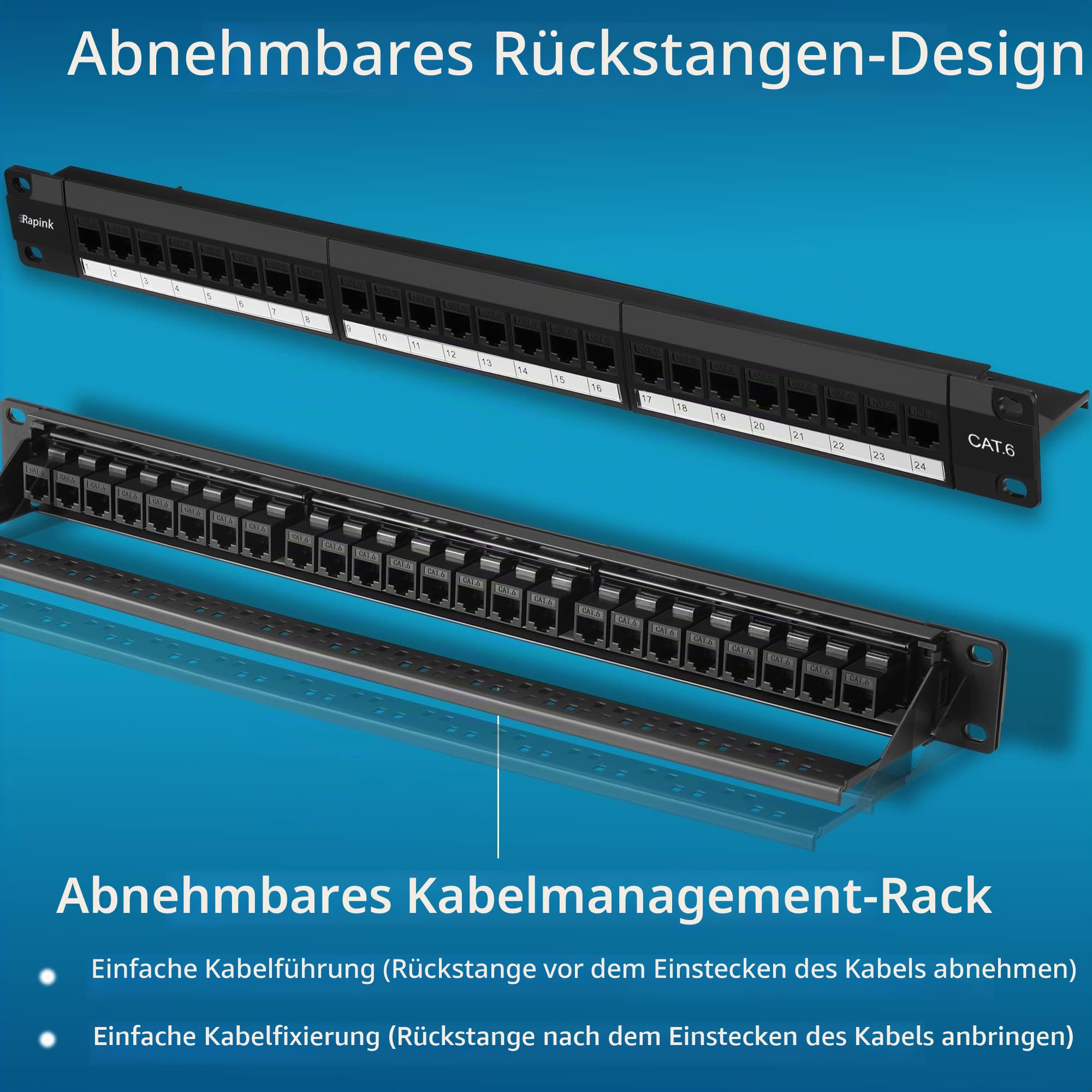 Rapink 24-Port-Cat6-Patchpanel mit Inline-Keystones, 10G Unterstützung, Pass-Through-Kuppler, UTP 19-Zoll-Patchpanel mit abnehmbarem Rückbügel, 1U-Netzwerkpanel für Cat6-, Cat5e- und Cat5-Kabel