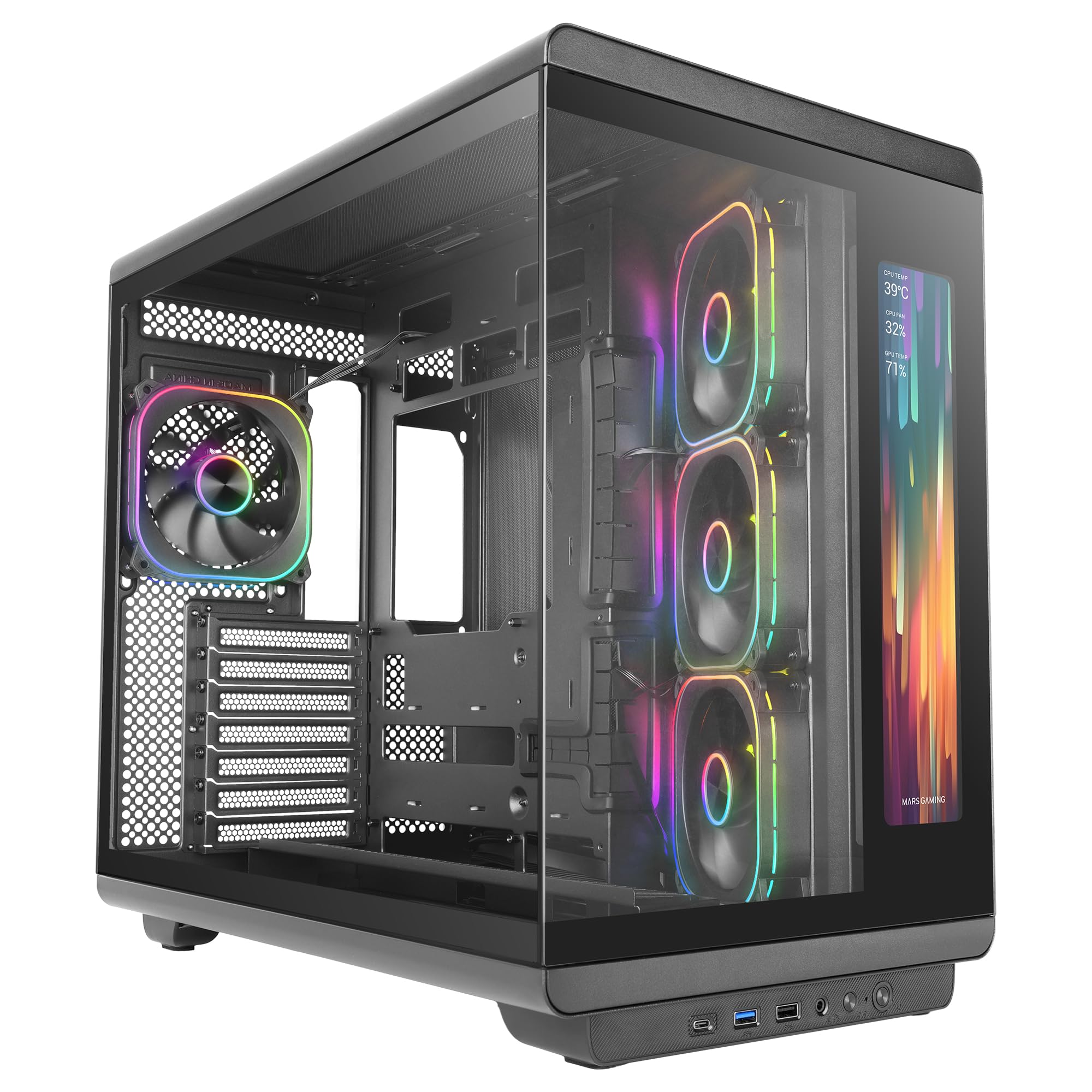 Mars Gaming MC-REVMAX, ATX PC Case, 11.8" IPS Display, Continuous Tempered Glass, 4 PWM ARGB Fans, Liquid Cooling up to 360mm, Compatible with Back-Connect Motherboards, USB-C, Black