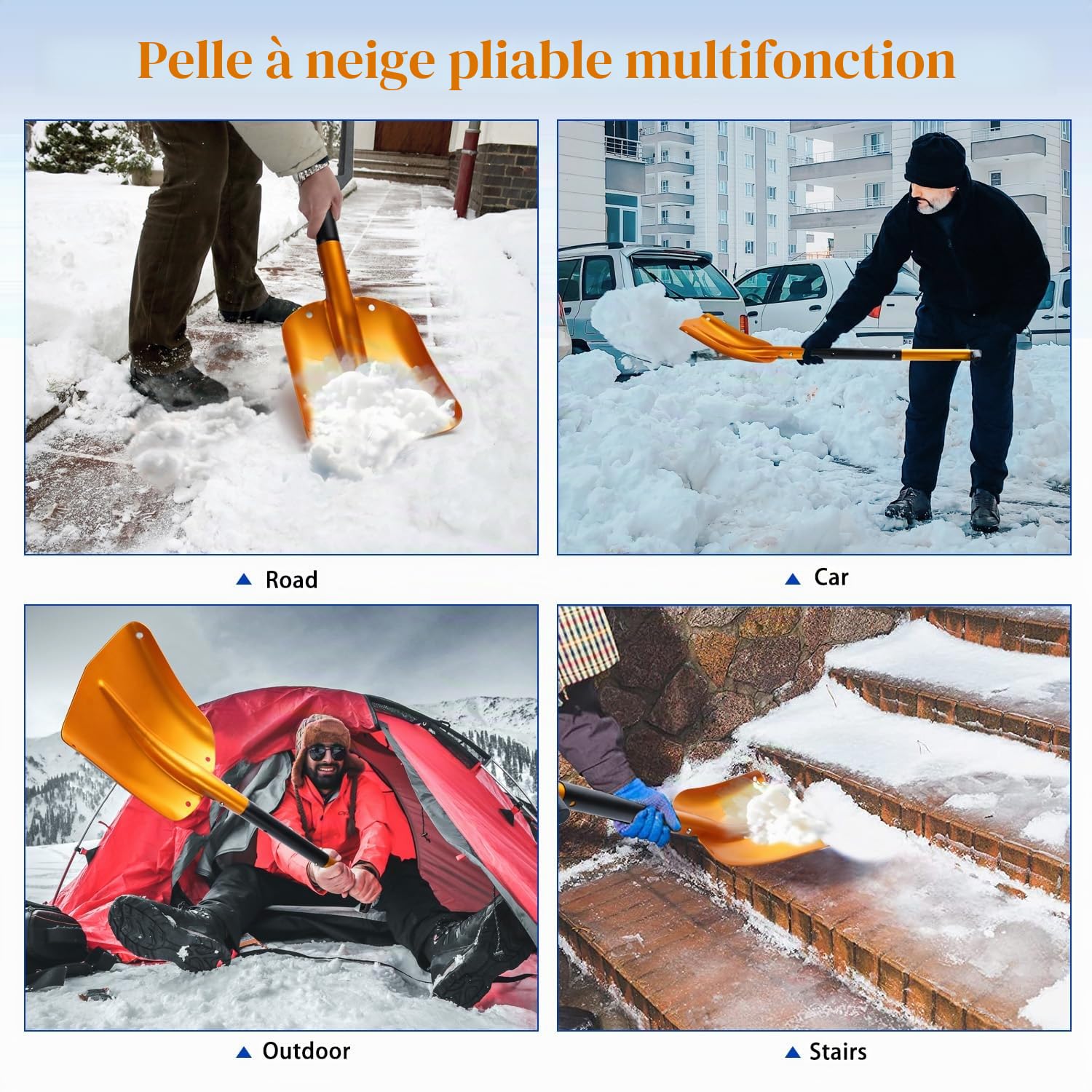 Pelle à neige pliable 4 en 1, pelle à avalanche en aluminium robuste avec sac, pelle amovible de 40 x 30 cm pour voiture, urgence, camping, allée et déneigement dans le jardin