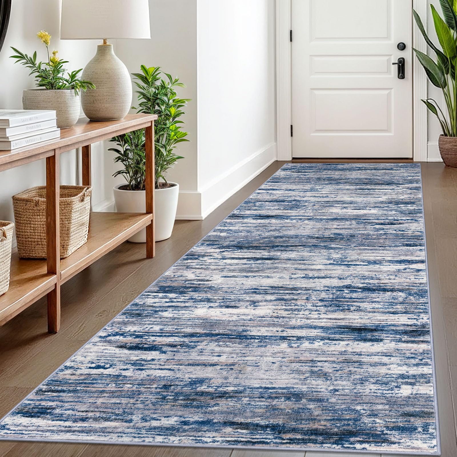 SIILOOM 3x8 Modern Abstract Runner Rug for Hallways, Navy Blue Gray Neutral Multi Super Soft Hallway Decor Kitchen Rugs with Non-Slip, Non-Shedding