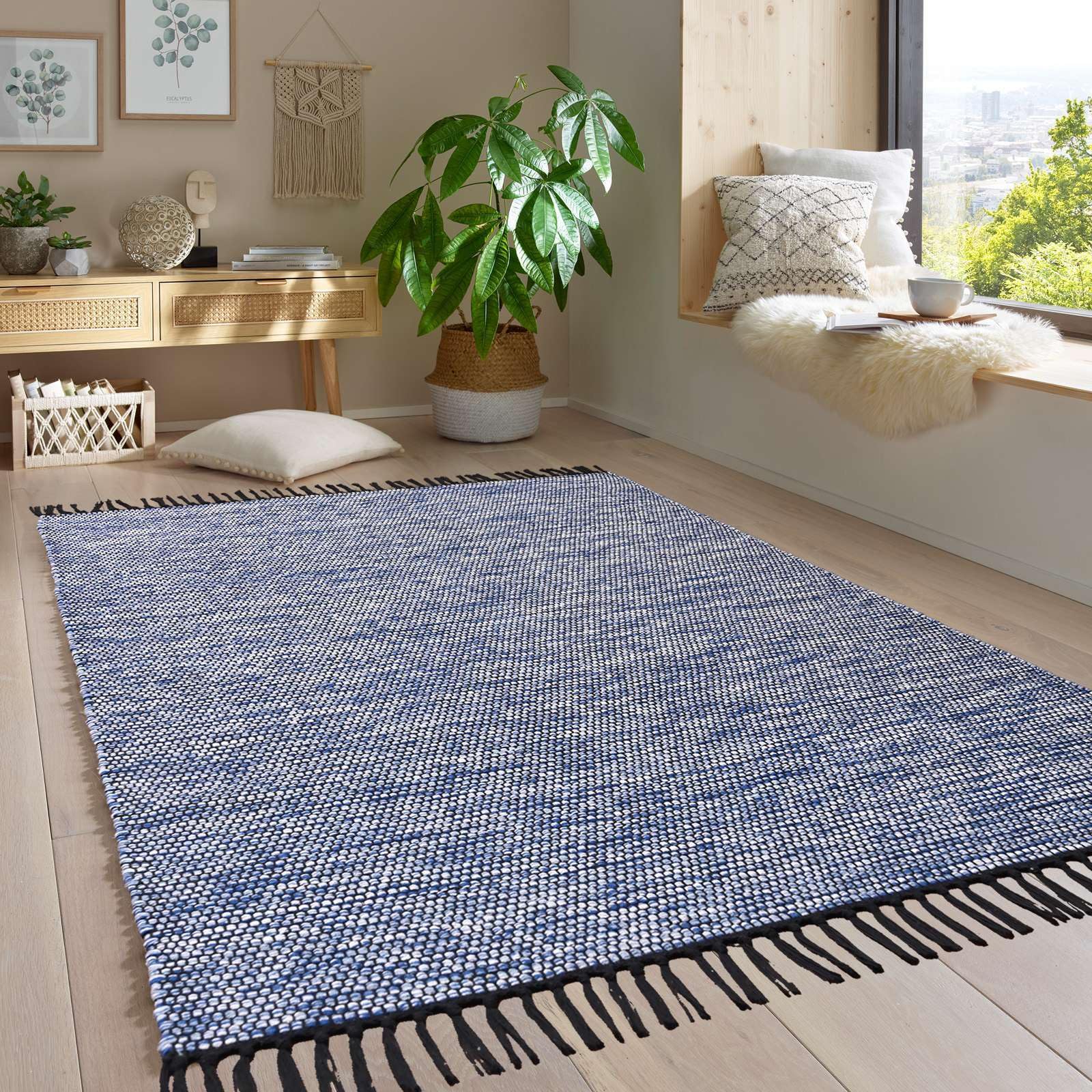 Taracarpet Handwebteppich Borkum Teppich fürs Wohnzimmer, Schlafzimmer und als Küchenteppich geeignet 100% Baumwolle blau 080x150 cm