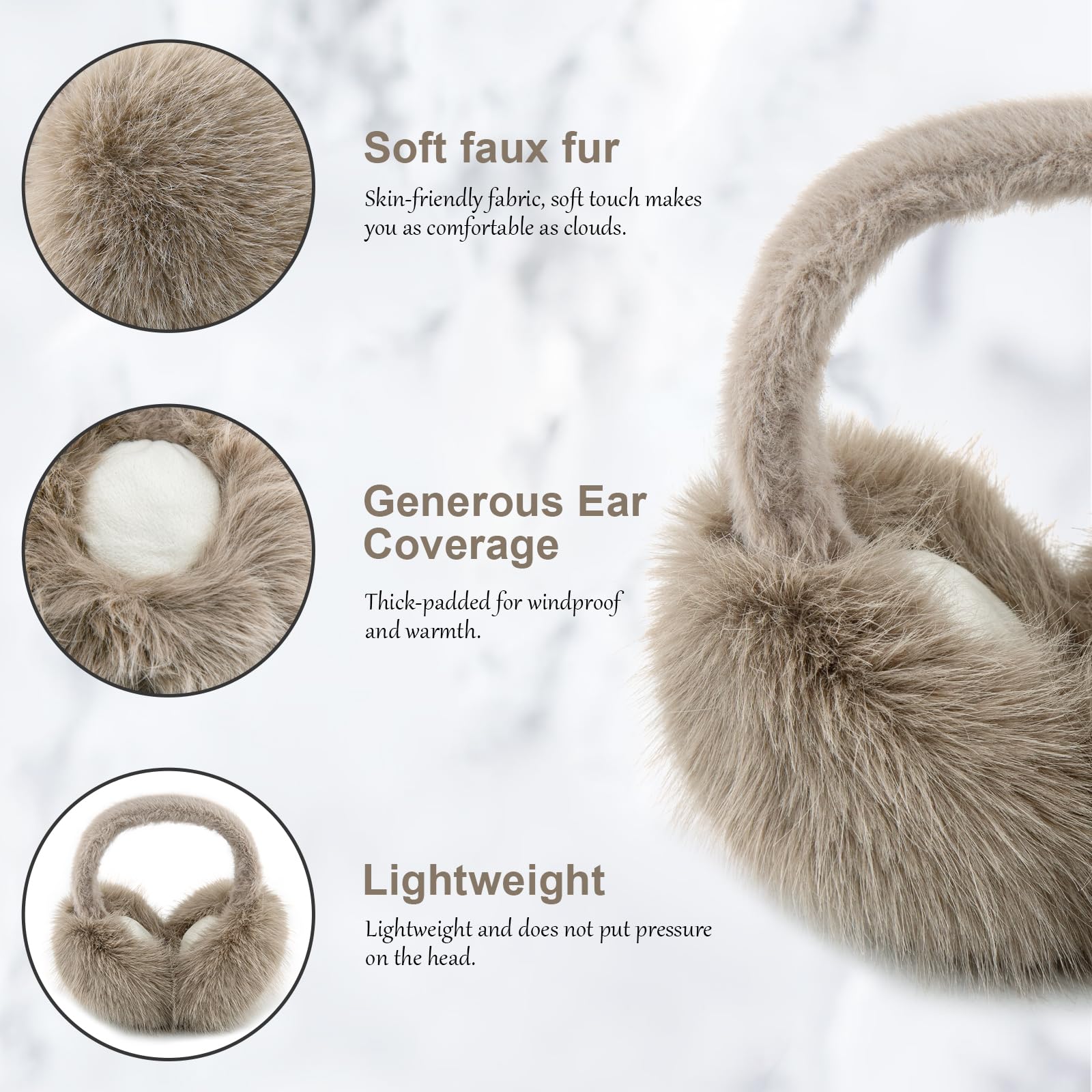 WATAME Earmuffs for Women Girls Faux Fur Fuzzy Headband Foldable Ear Covers Cold Weather Accessory: Brown