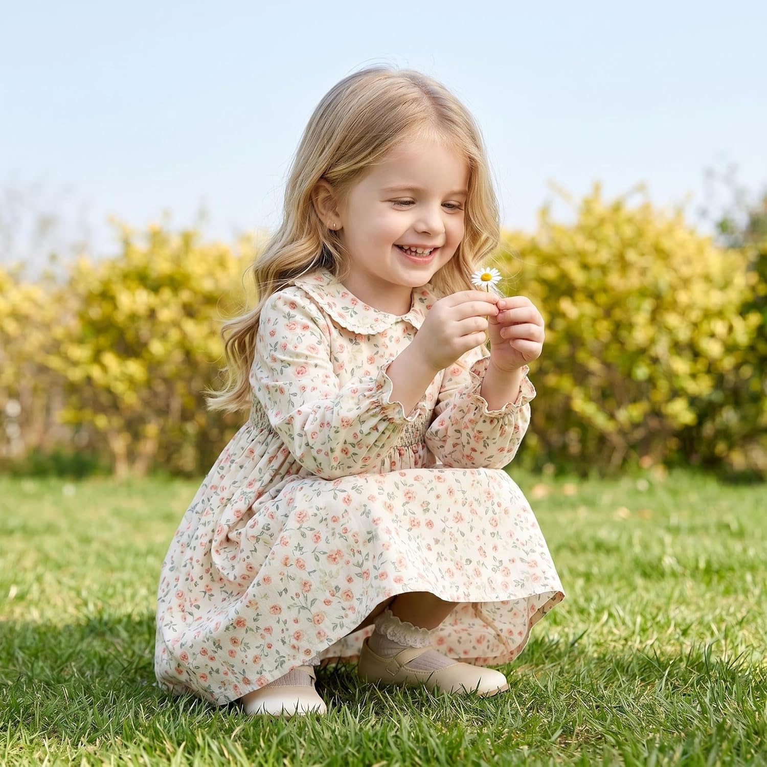Girls Smocked Blue Dress Toddler Floral Summer Dress Vintage Dresses Kindergarten Graduation Dress