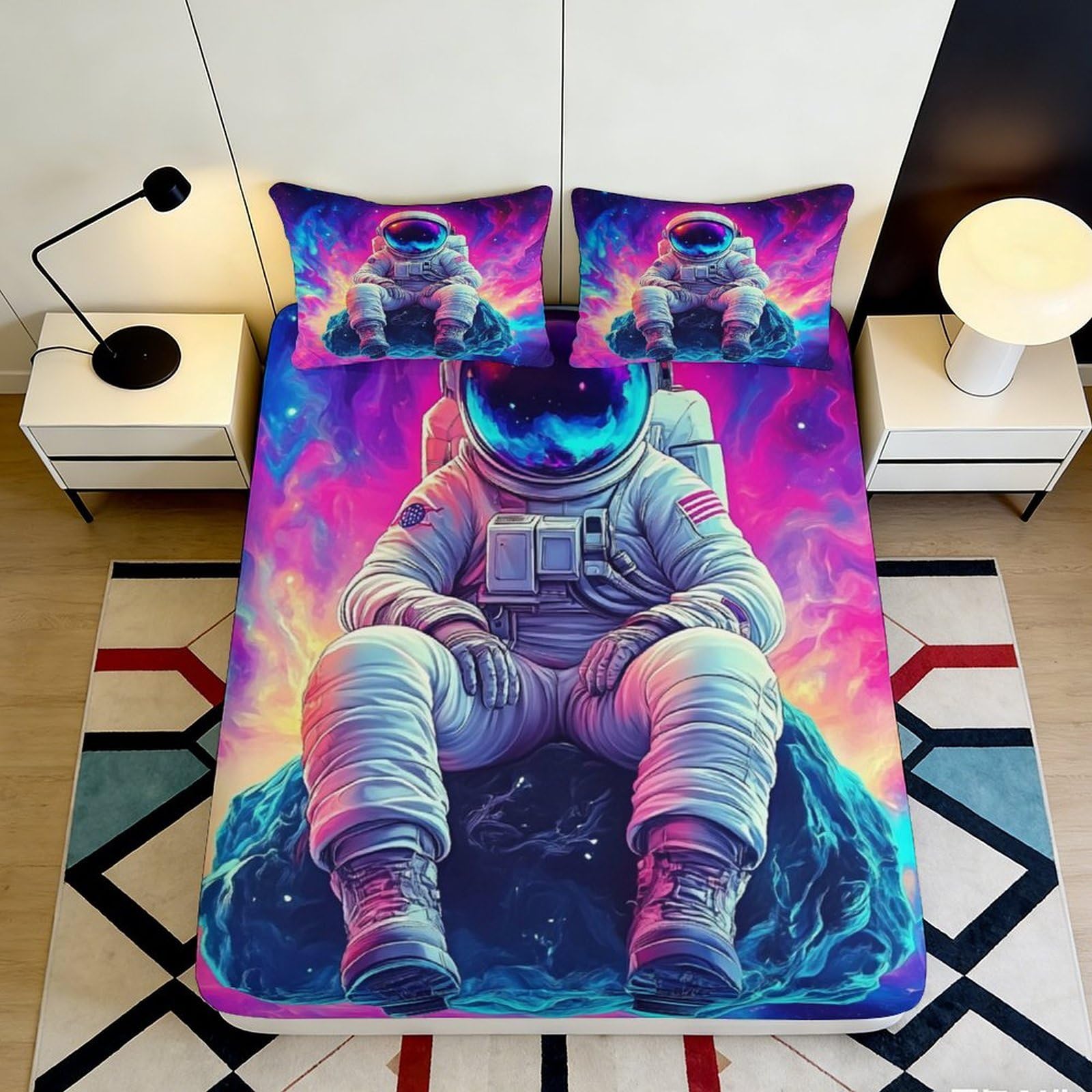 3D Printed Astronaut Galaxy Fitted Sheet Microfiber Colourful Space Nebula Mattress Cover for Bedroom Dorm Easy Care 180x200x25cm