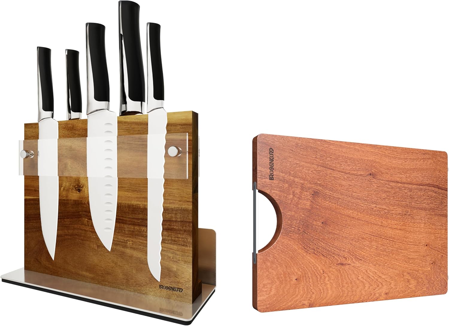 Real Solid Sapele Cutting Board Bundle with Acacia Magnetic Knife Block
