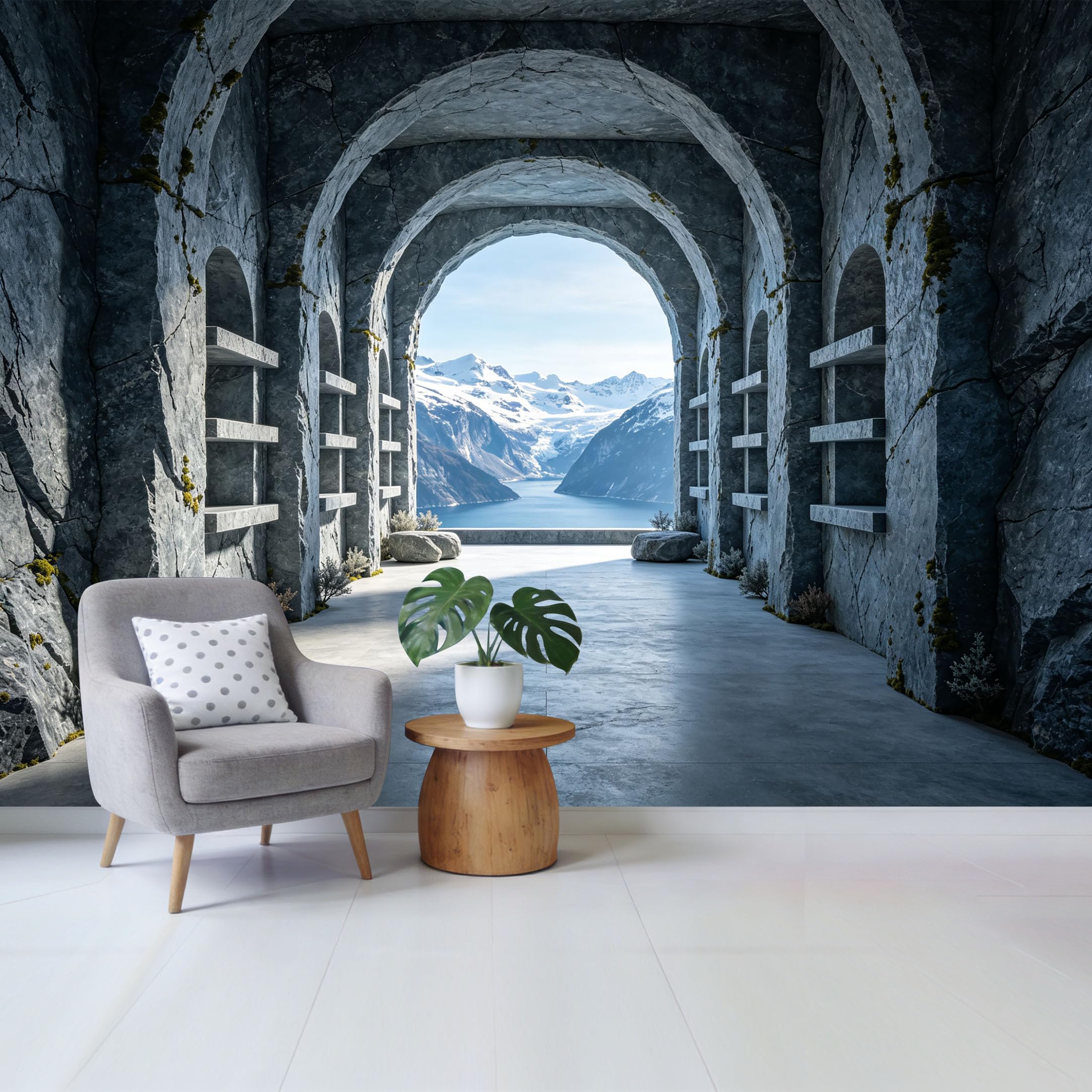 Custom Size Wall Mural Mountain Lake View Stone Archway Landscape Removable Self Adhesive Fabric Home Wall Decor for Living Room Bedroom Bathroom