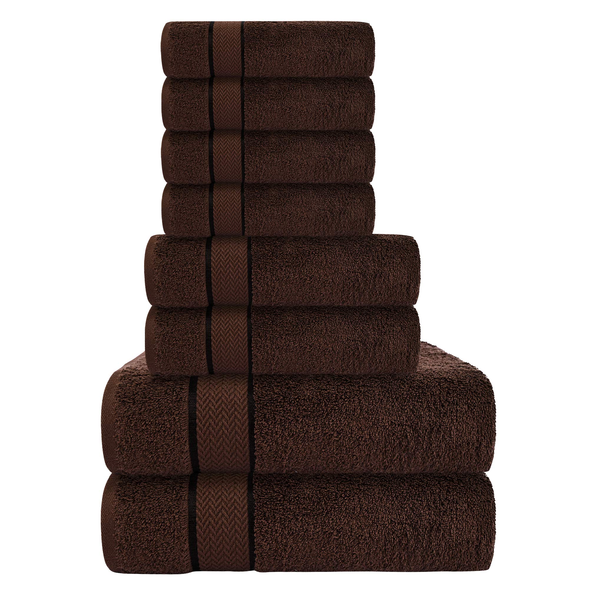 8 Piece Luxury Bathroom Towels Set - 100% Cotton, Dark Brown/Chocolate, 2 Bath Towels, 2 Hand Towels, 4 Washcloths, Large, Quick Dry, Absorbent, Plush, Soft - Home, Shower
