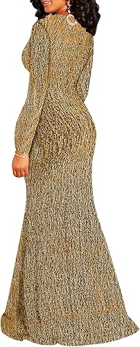 Miniatura 2 de BestGirl Vestido formal de manga larga para mujer, con lentejuelas, entallado, fruncido, brillante