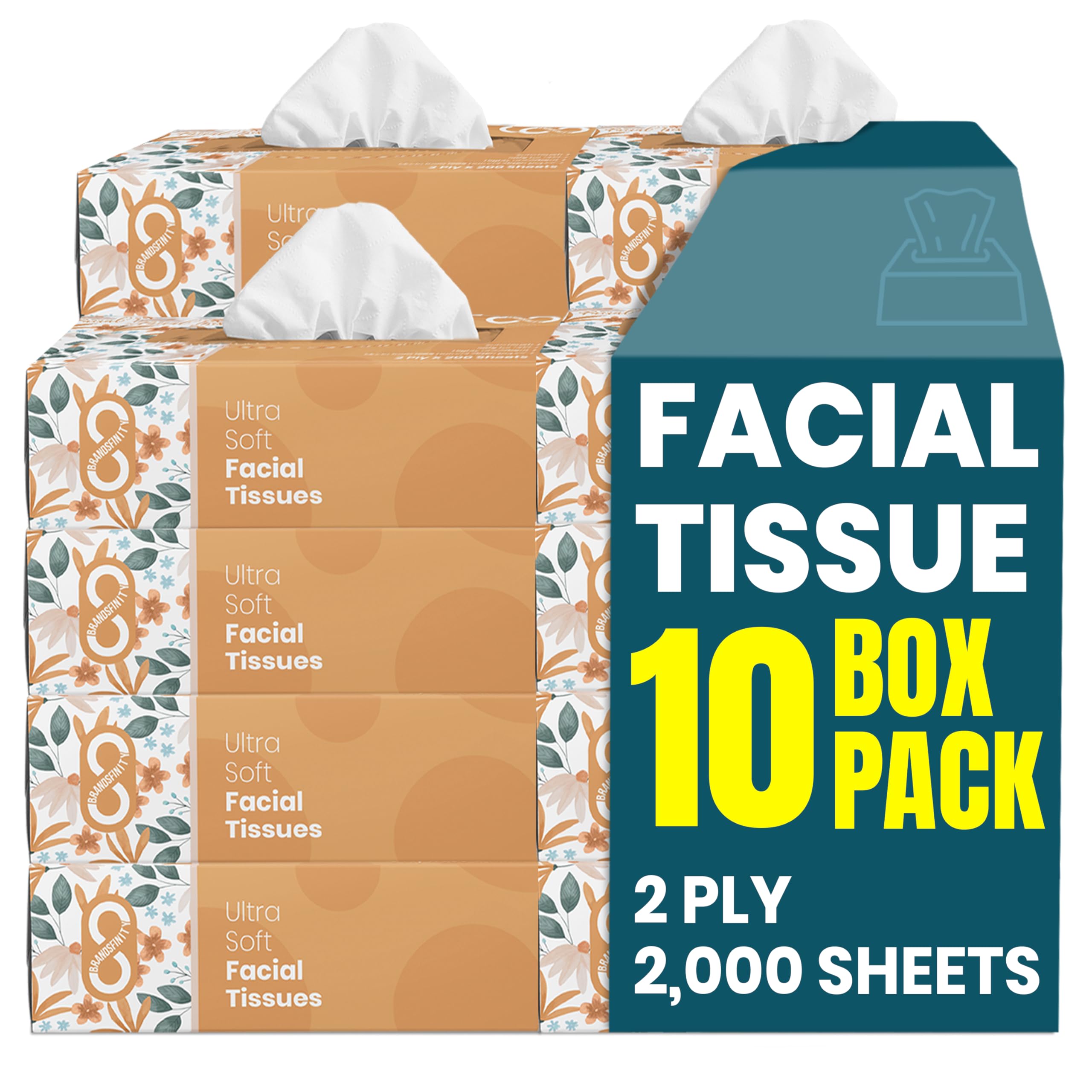 Brandsfinity 2 Ply Facial Tissue - Total 2000 Sheets - Pack of 10, 200 Soft Fluffy Sheets Each Box