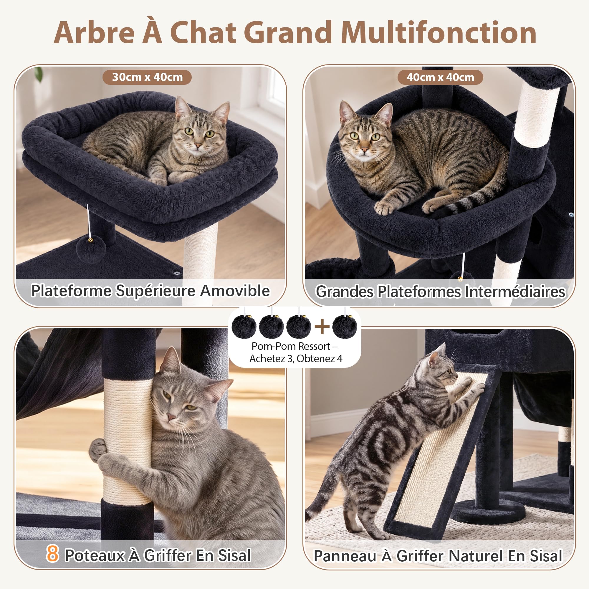 Gitelsnour Arbre À Chat 225 cm XXL – Arbre Stable pour Chats Grands, 3 Niches, 2 Paniers Suspendus, Hamac, Planche À Griffer, 2 Plates-Formes D'Observation, Socle Stable, Gris Foncé GCT808G