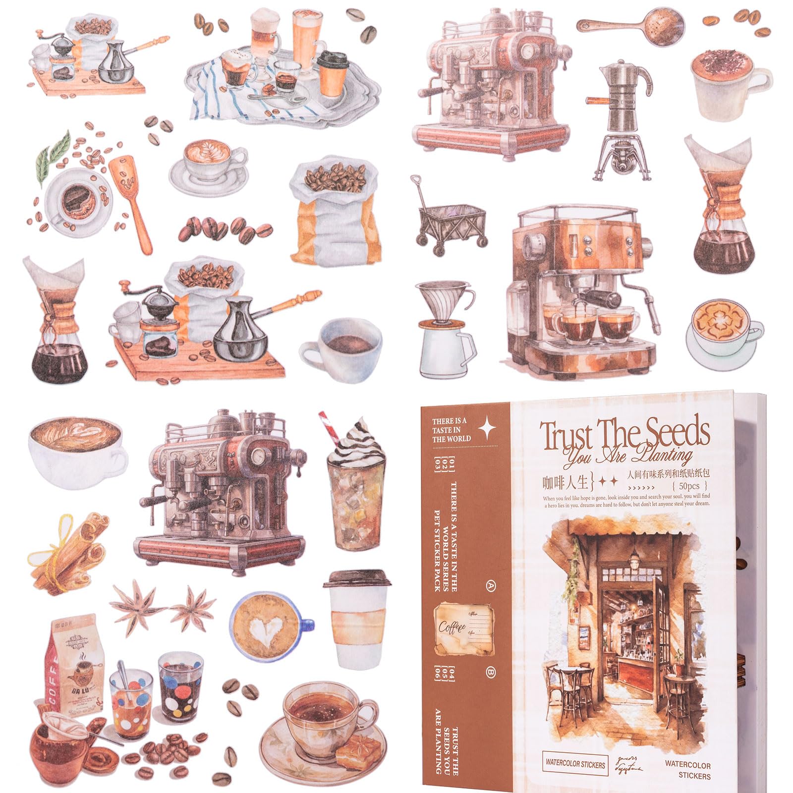 Coffee Sticker Book, 50 Sheets Journaling Stickers, Junk Journal Supplies, Pre-Cut Aesthetic Washi Materials, Watercolor Scrapbook Stickers for Adults, Decorative Ephemera Planner DIY Arts Craft