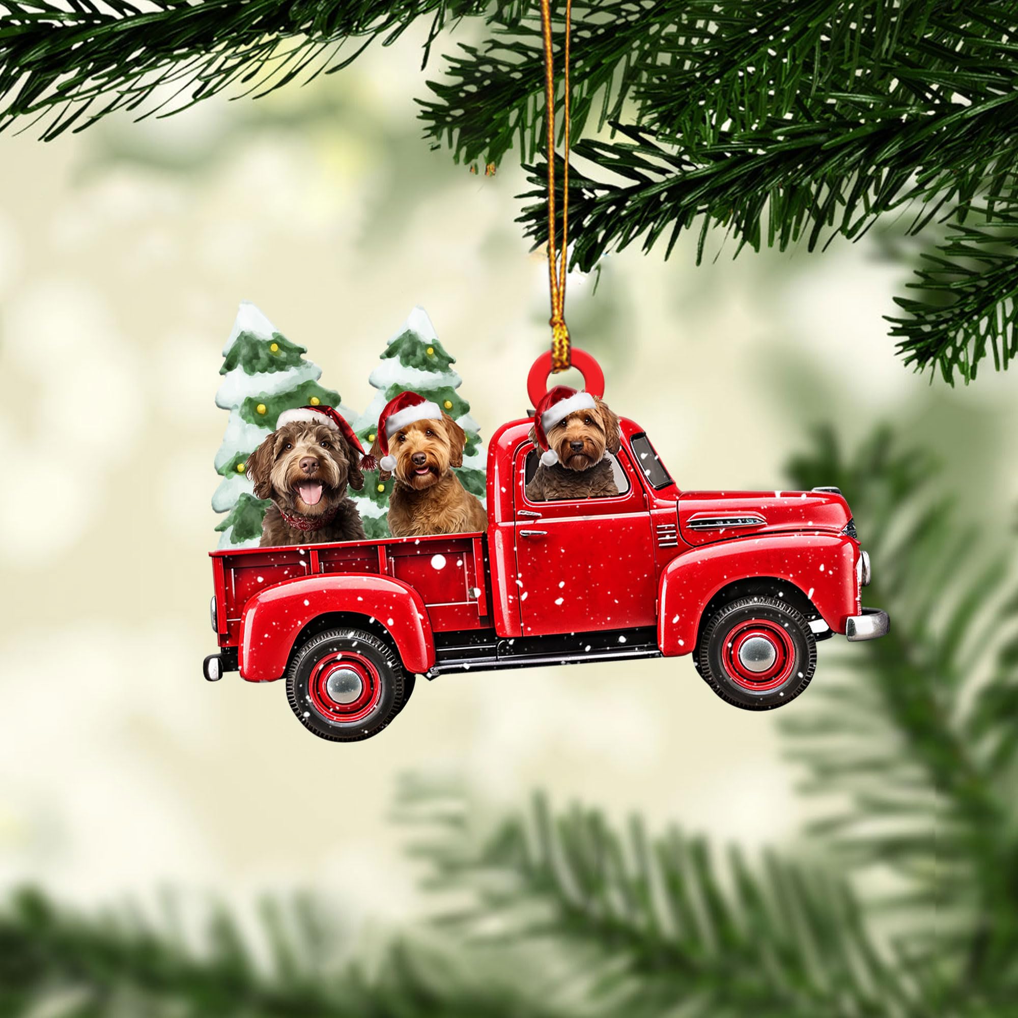 Talataca Labradoodle 2D Flat Christmas Ornament, Labradoodle Red Pickup Truck, Labrapoo Pine Tree Decor, Hanging House Charm Eve Keepsake, Car Rear View Mirror Accessories, Xmas Gift
