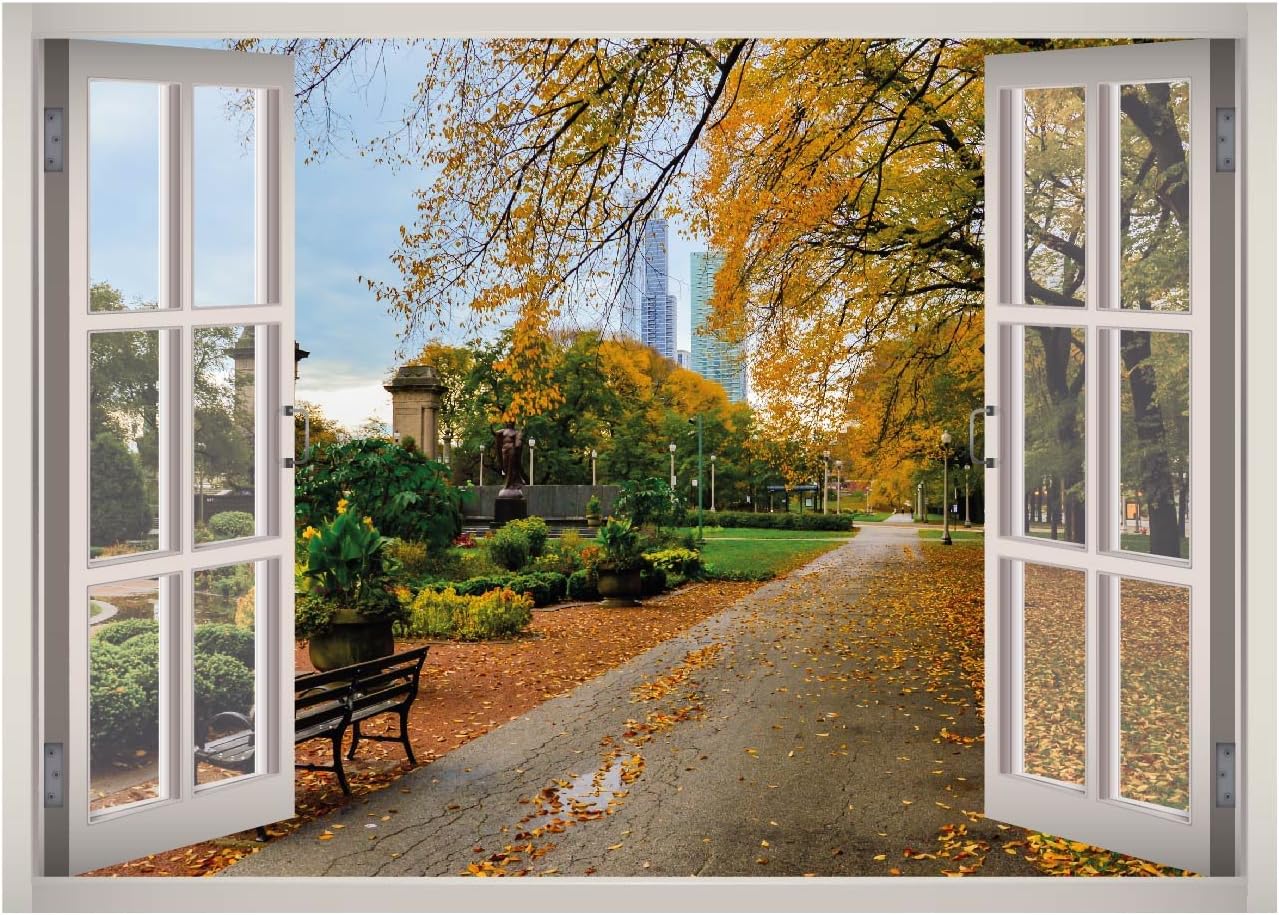 Chicago Park View Window 3D Wall Decal Art Removable Wallpaper Mural Sticker Vinyl Home Decor West Mountain™ W158 (Medium (32''W x 23''H))