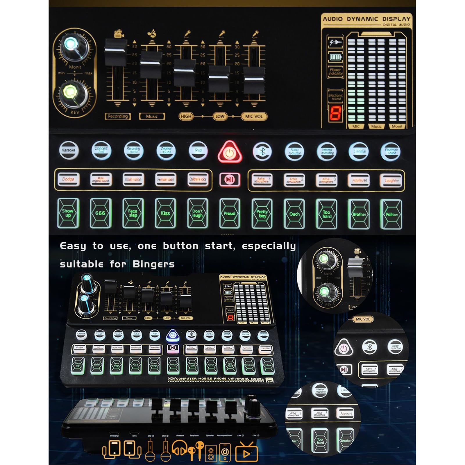 Carte son en direct Enregistrement en studio Carte son Mélangeur de microphone Bluetooth Changeur de voix Streaming en direct Mélangeur de son Podcast Karaoké Accueil