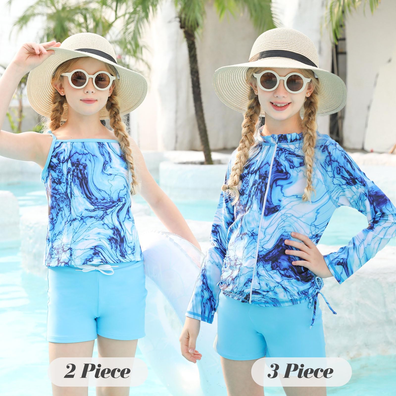 Girls Long Sleeve Rash Guard + Smocked Tankini Shorts Set (3 Piece) | 