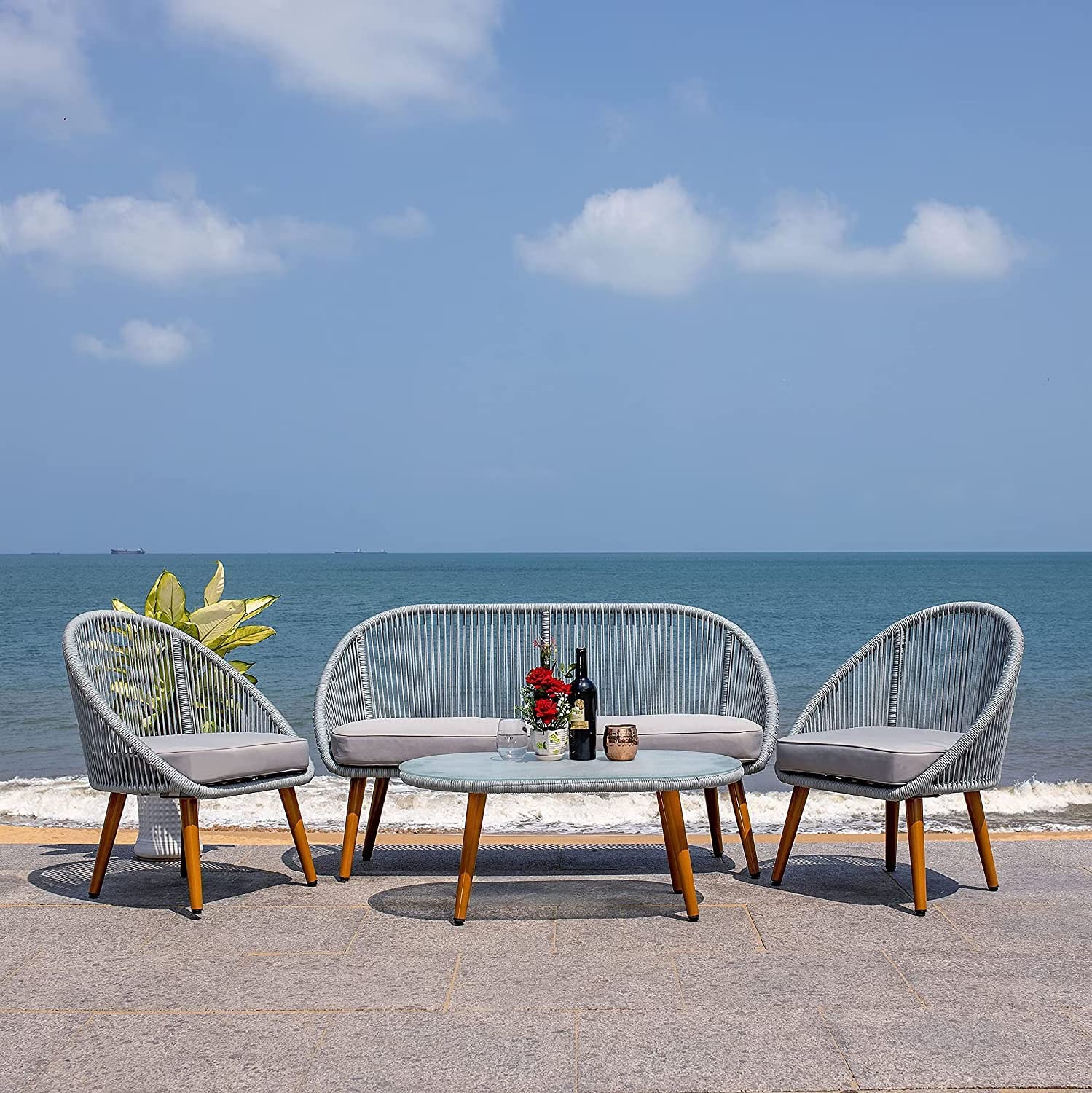 DRX 4 Seater Sofa and Center Table for Patio, Balcony, Poolside, Garden || Rope Furniture Set || Outdoor & Indoor Furniture Set (Grey)