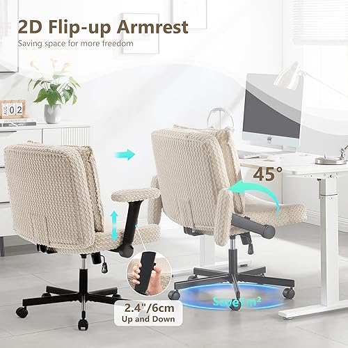 Miniatura 9 de Fizzin Silla cruzada con ruedas y brazos, asiento de oficina de 27 pulgadas de ancho con cojín de respaldo abatible, silla giratoria beige de