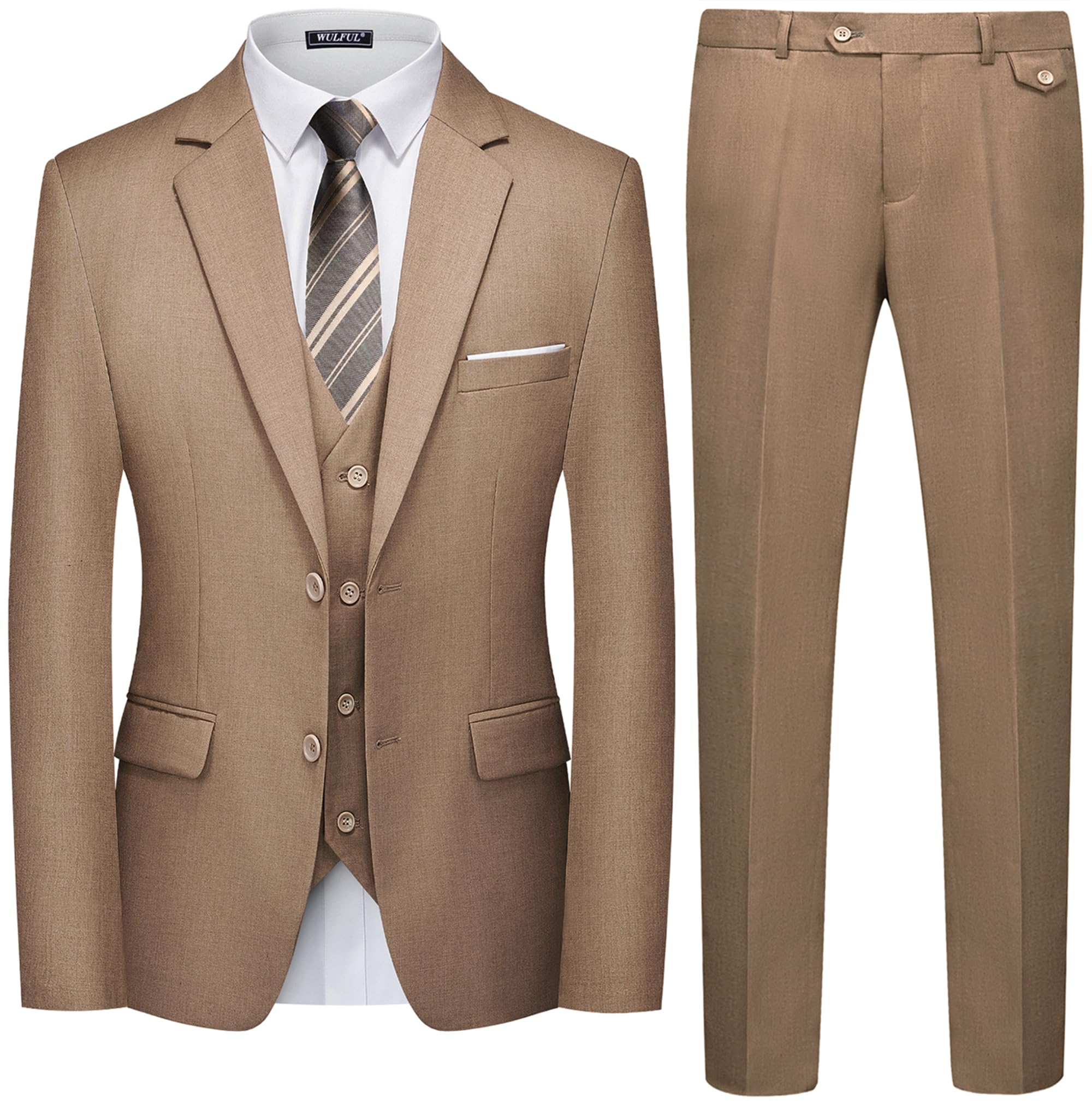 WULFUL Men's 3 Piece Slim Fit Suit Set Two Button Blazer Jacket Vest Pants Tuxedo Set for Party, Wedding and Business, Light Brown, X-Small-picture-21