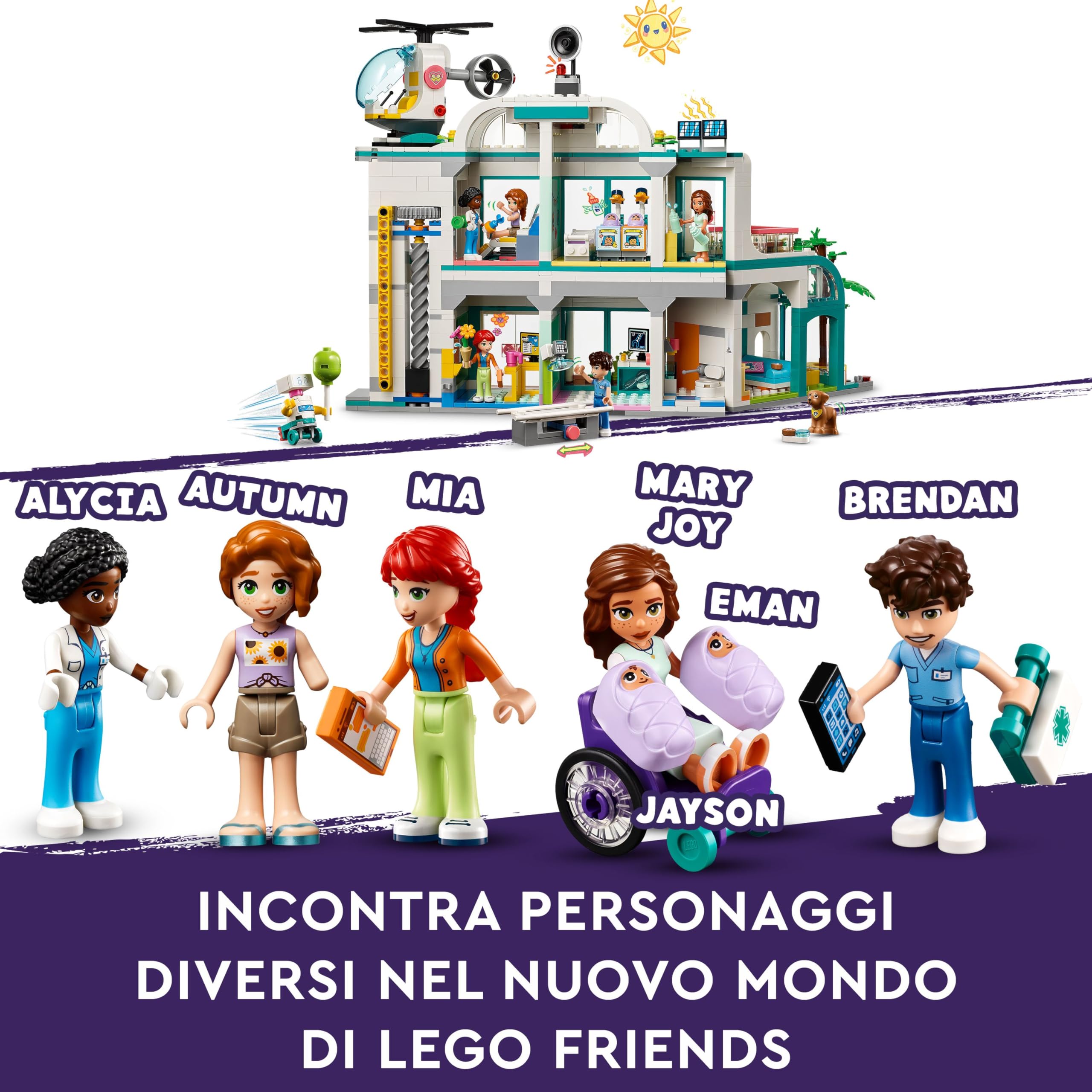 LEGO Friends Ospedale di Heartlake City, Giochi Educativi del Dottore per Bambine e Bambini da 7 Anni in su con Elicottero Giocattolo, 5 Mini Bamboline tra cui Autumn, 2 Bebè e un Cane 42621