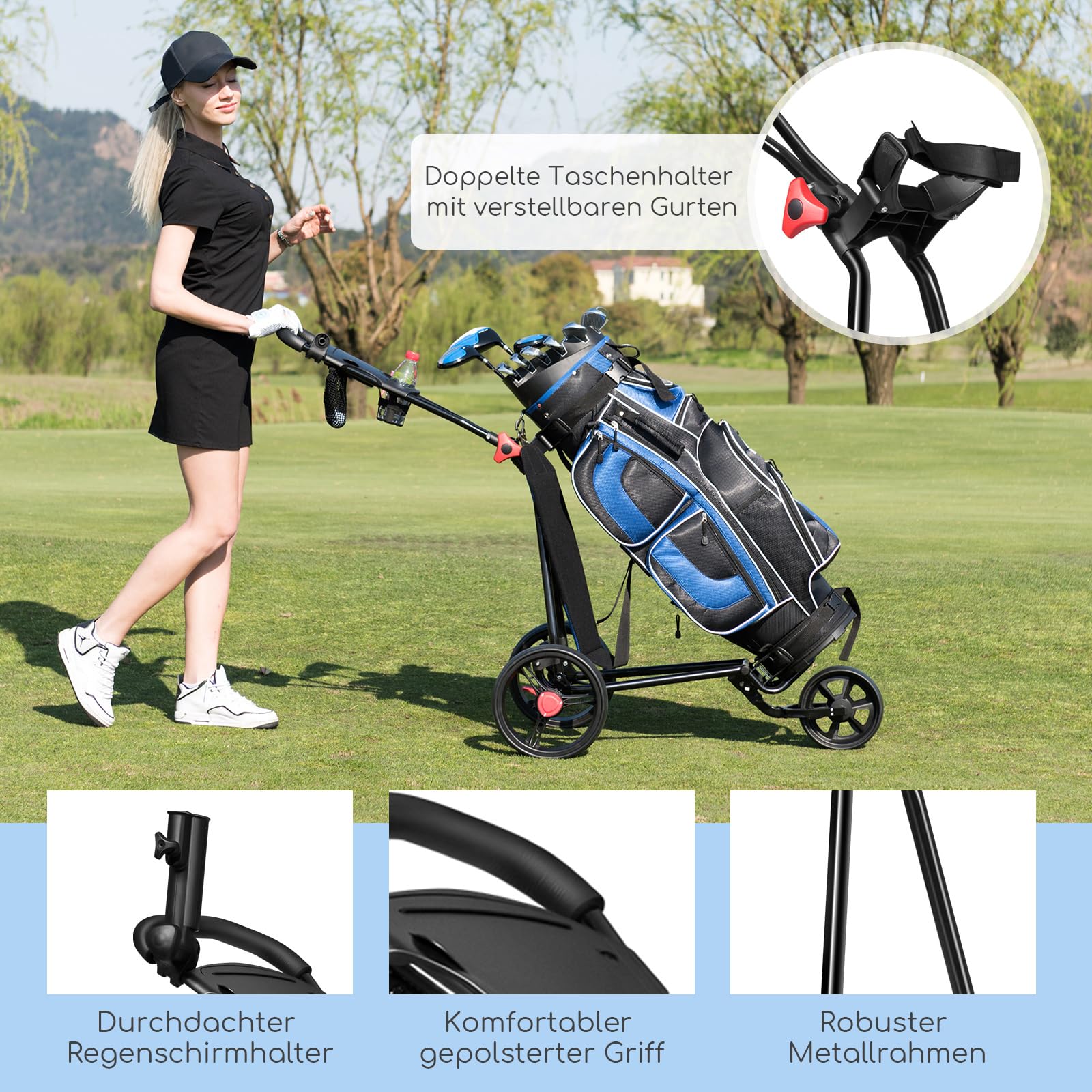 COSTWAY Golftrolley, Golftrolley 3 Rad Klappbar, Golf Trolley, Golfwagen Klappbar, Golf Trolleys, Golf Cart | mit verstellbarem Griff & Halter für Schirm, Tassen, Telefon