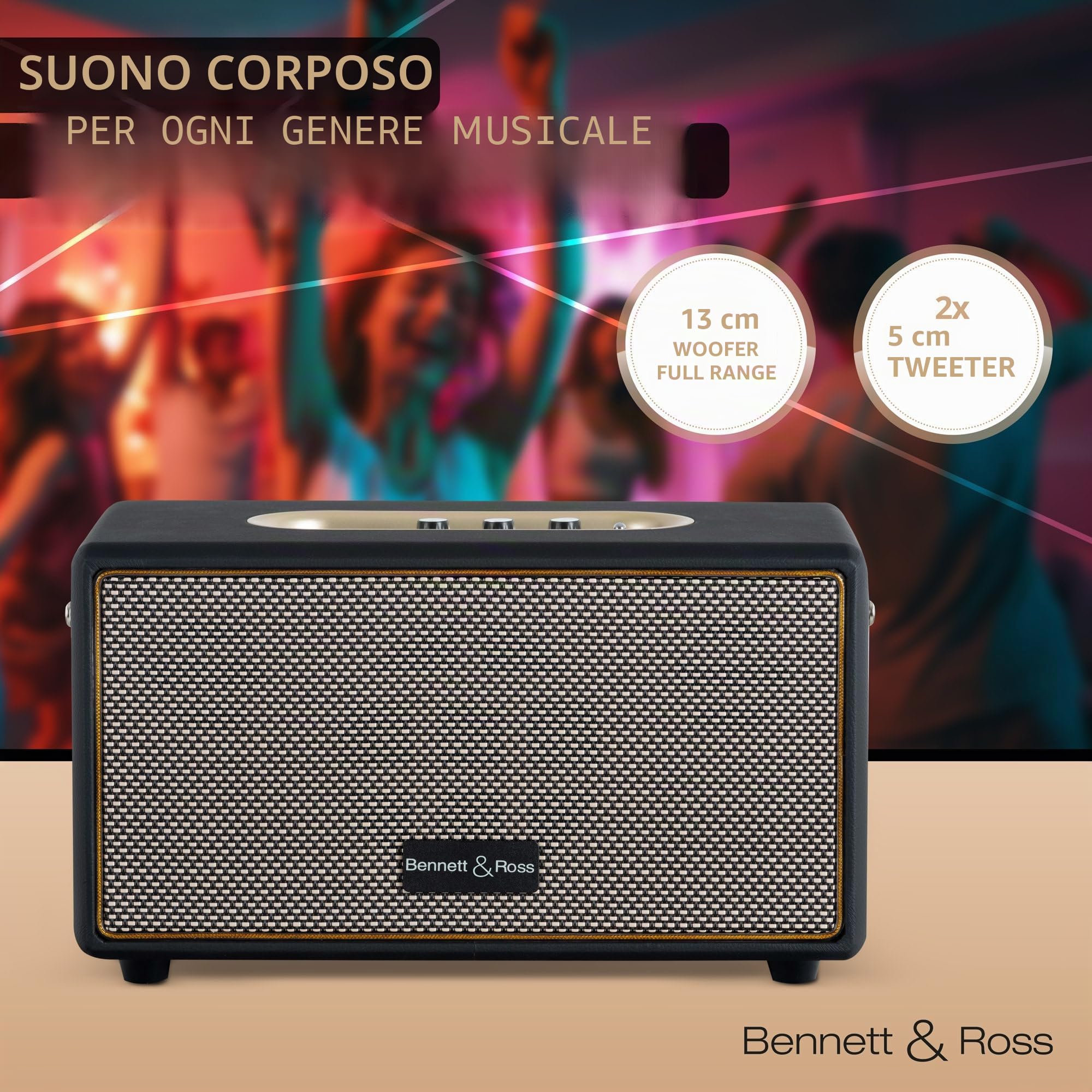 Bennett & Ross BB-860A BK Blackmore altoparlante bluetooth retrò in pelle con batteria da 6000 mAh - Altoparlante vintage da 60 W - Funzione Stereo True Wireless - Ingresso Aux - Cassa nero