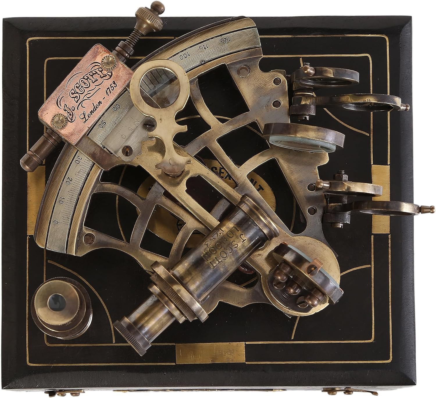 J. Scott London Brass Ship History Sextant with Hardwood Box. Vintage Solid Antique Brass Nautical Functional Maritime Sextant | Nautical Navy Decor Gifts.